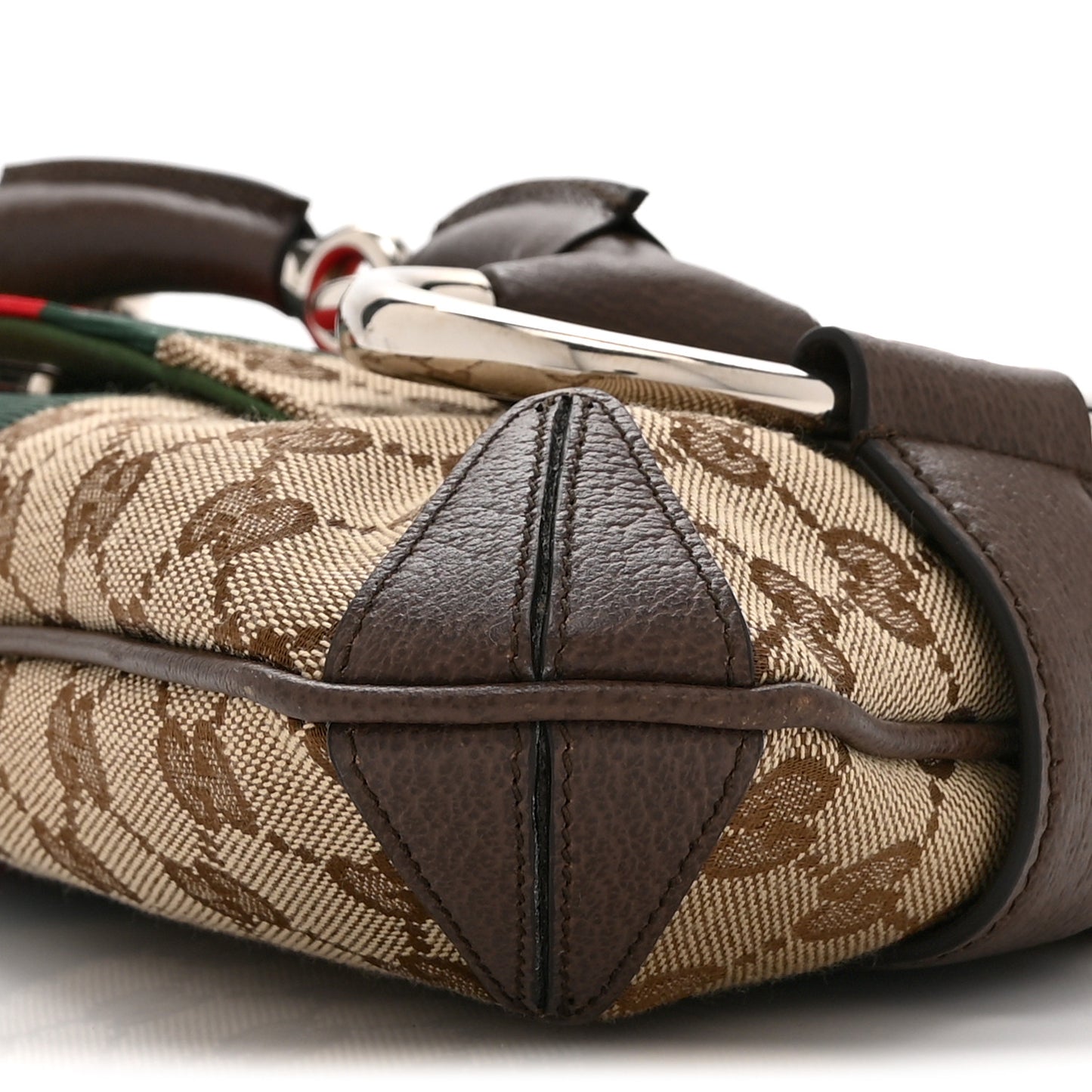 Monogram Textured Dollar Calfskin Heavy Grosgrain Web Medium Maxi Horsebit Chain Shoulder Bag Beige Ebony New Acero