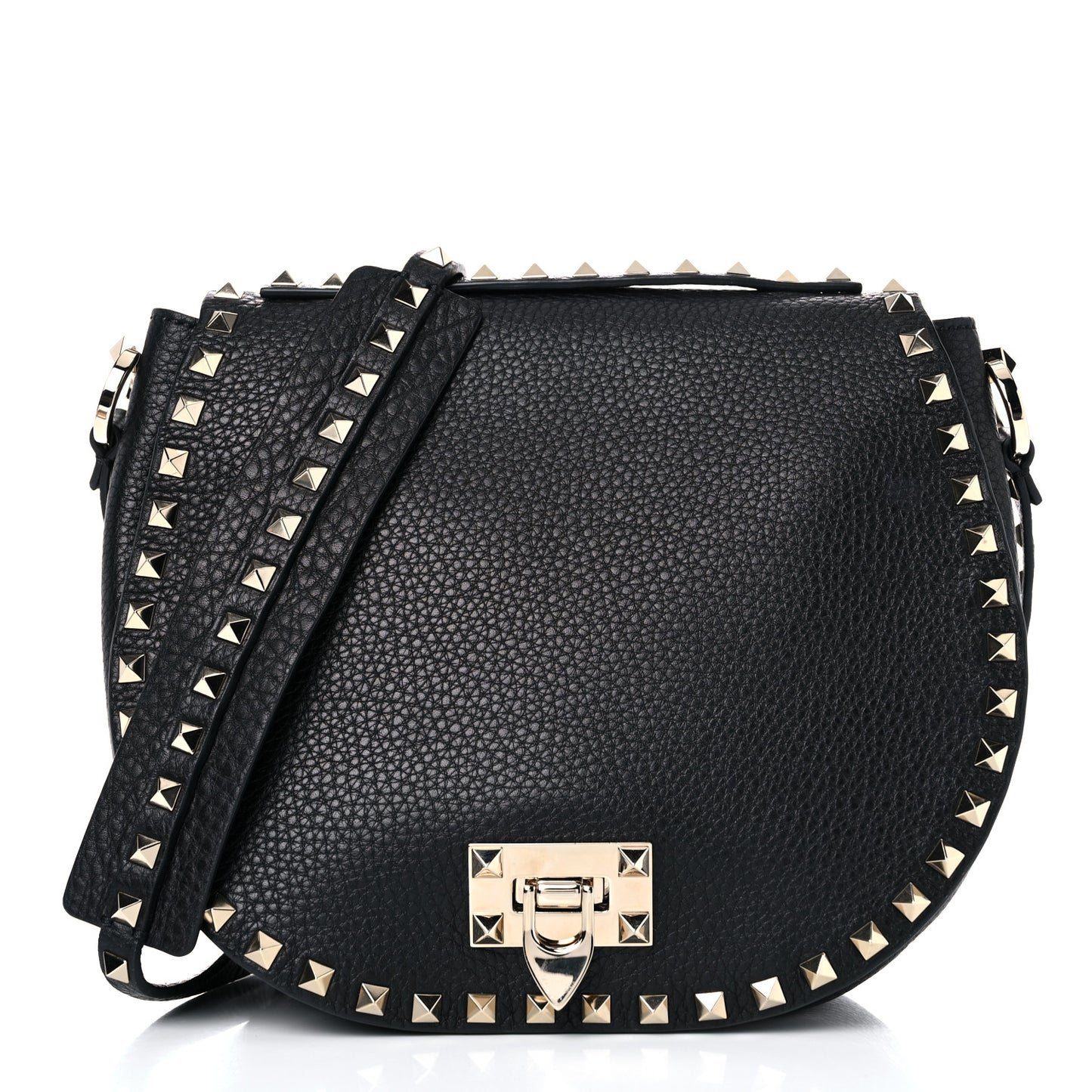 Grained Calfskin Rockstud Saddle Bag Black