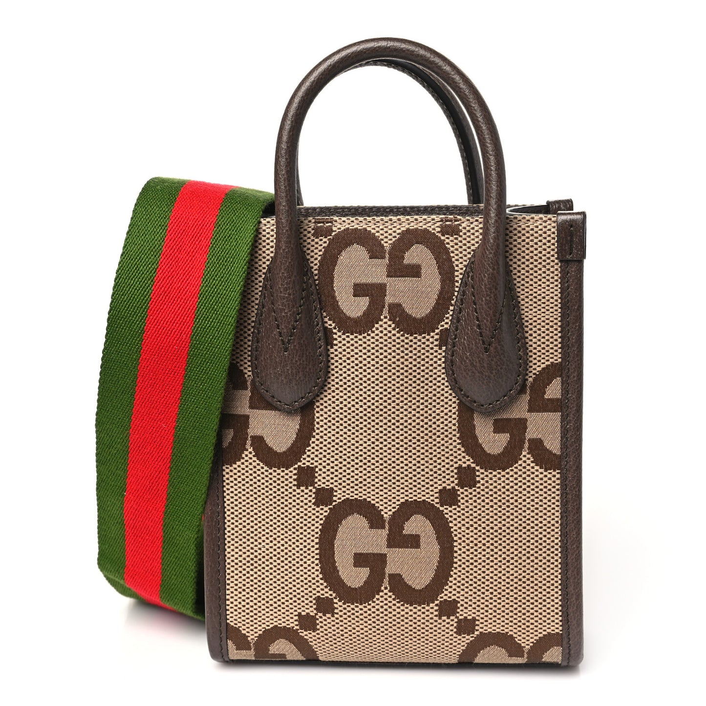Monogram Jumbo GG Textured Dollar Calfskin Web Mini Vertical Tote Camel Ebony New Acero