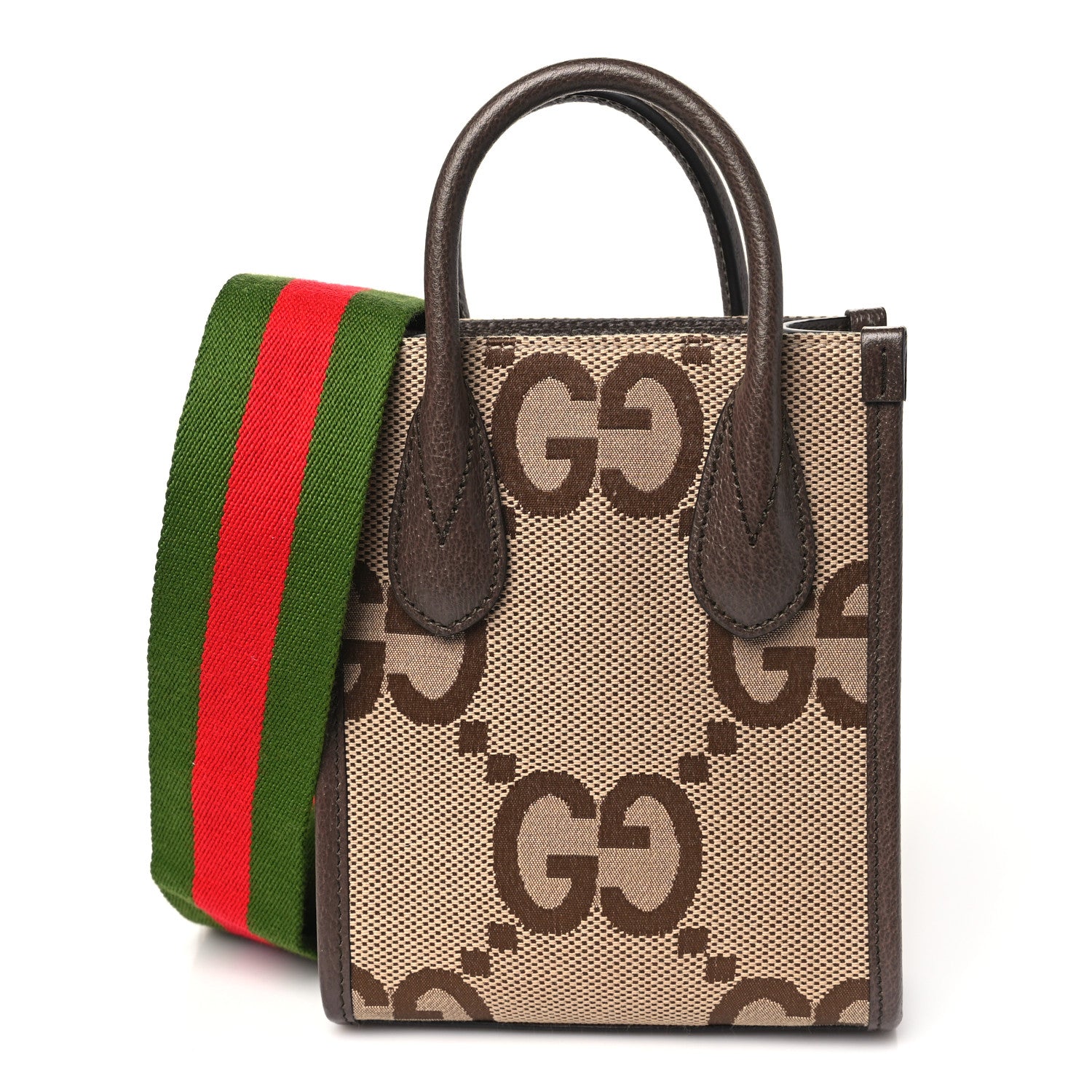 Gucci Monogram Jumbo GG Textured Dollar Calfskin Web Mini Vertical Tote Camel Ebony New Acero 1 of 10