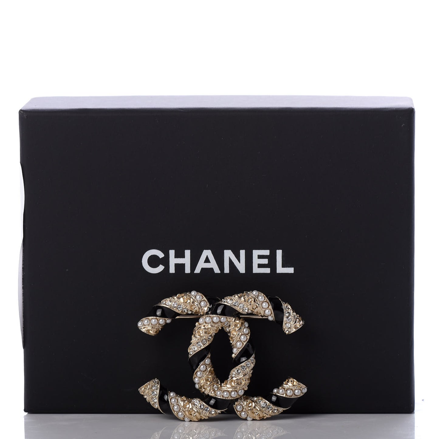 Pearl Crystal Enamel CC Brooch Black Gold