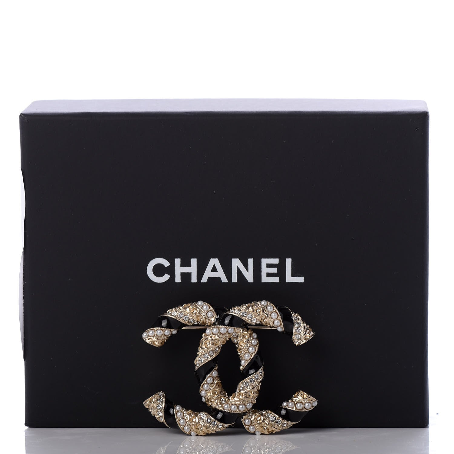 Chanel Pearl Crystal Enamel CC Brooch Black Gold 5 of 5