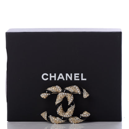 Chanel Pearl Crystal Enamel CC Brooch Black Gold 5 of 5
