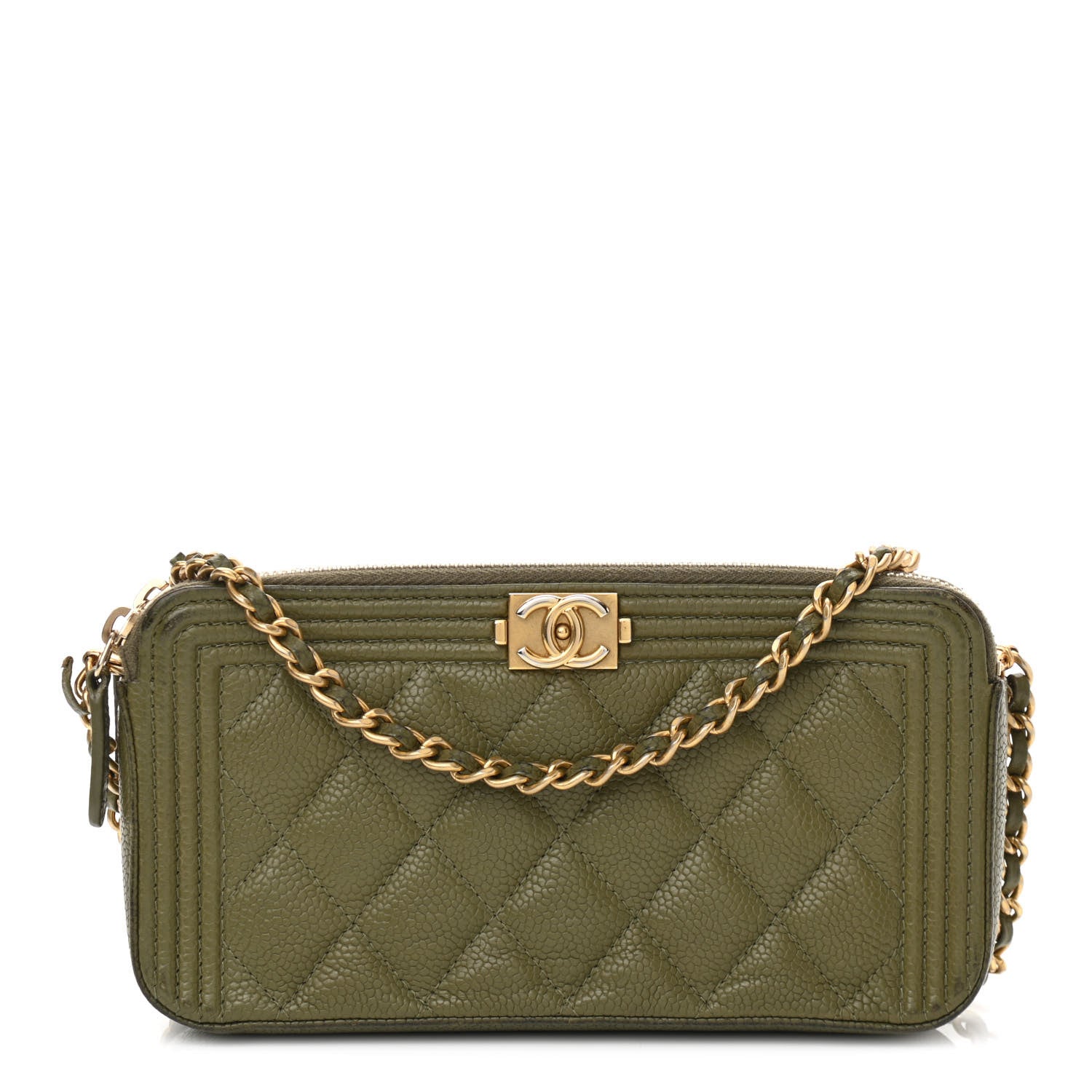Chanel Caviar Quilted Small Boy Clutch With Chain Khaki 1 of 15