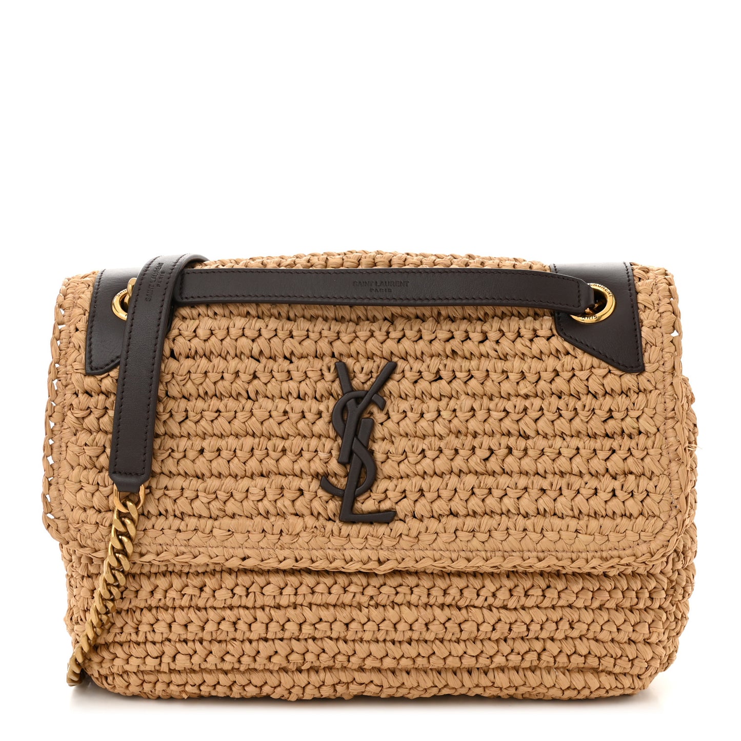 Raffia Calfskin Monogram Medium Niki Chain Satchel Natural