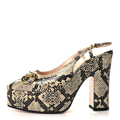 Gucci Calfskin Snakeskin Print Horsebit Platform 35/120mm Slingback Pumps 36 Beige Avana 1 of 8