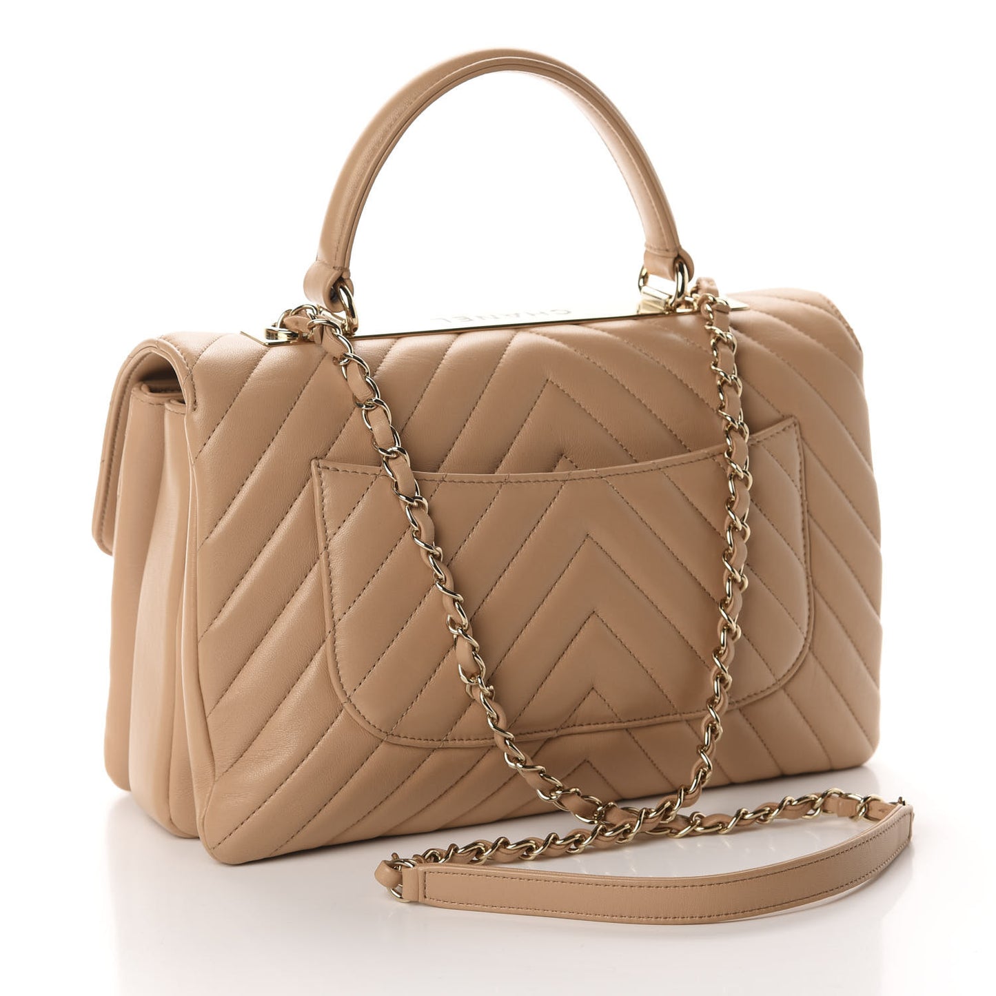 Lambskin Chevron Quilted Medium Trendy CC Dual Handle Flap Bag Beige