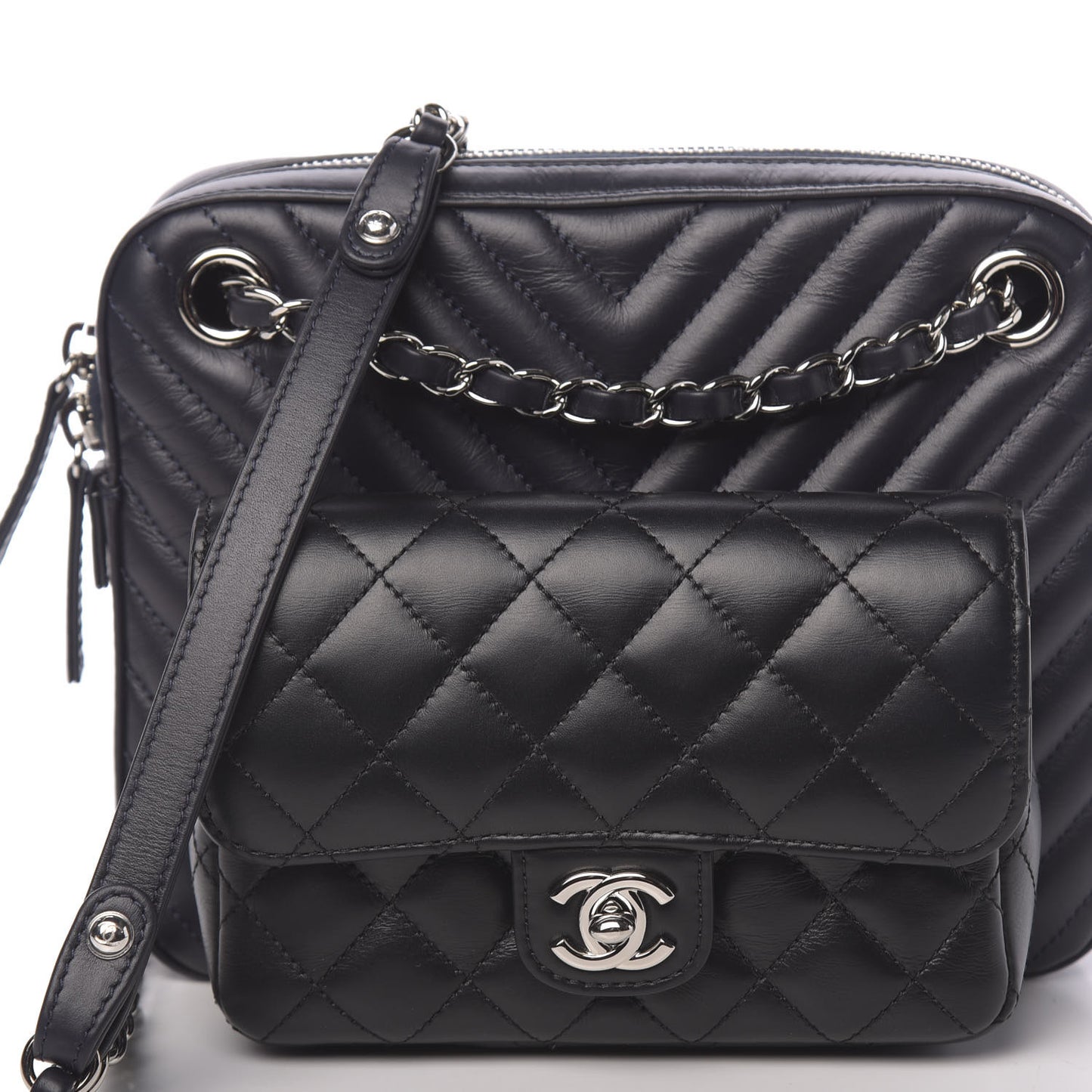 Calfskin Chevron Quilted Double Camera Bag With Flap Black