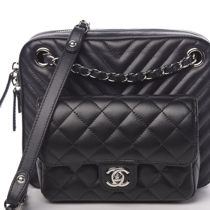 Chanel Calfskin Chevron Quilted Double Camera Bag With Flap Black 17 of 17