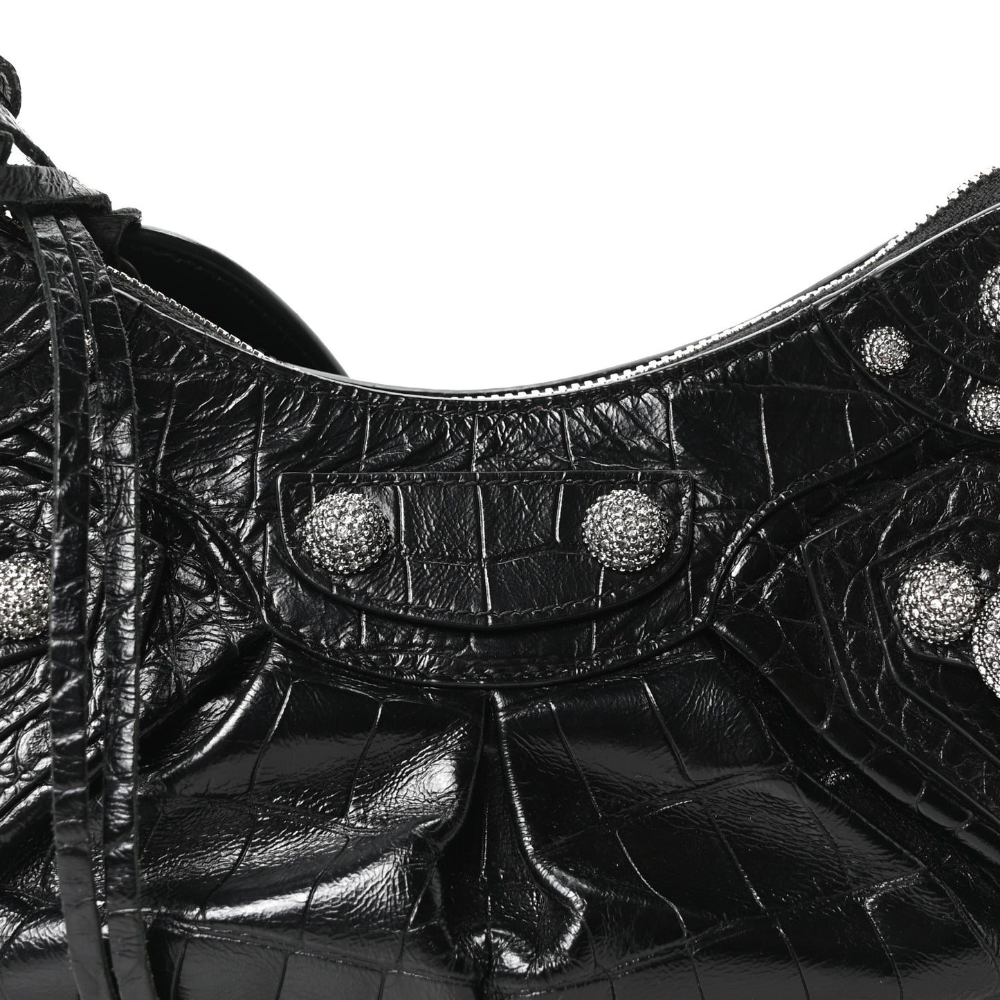 Extra Supple Calfskin Crystal Crocodile Embossed Le Cagole Shoulder Bag XS Black