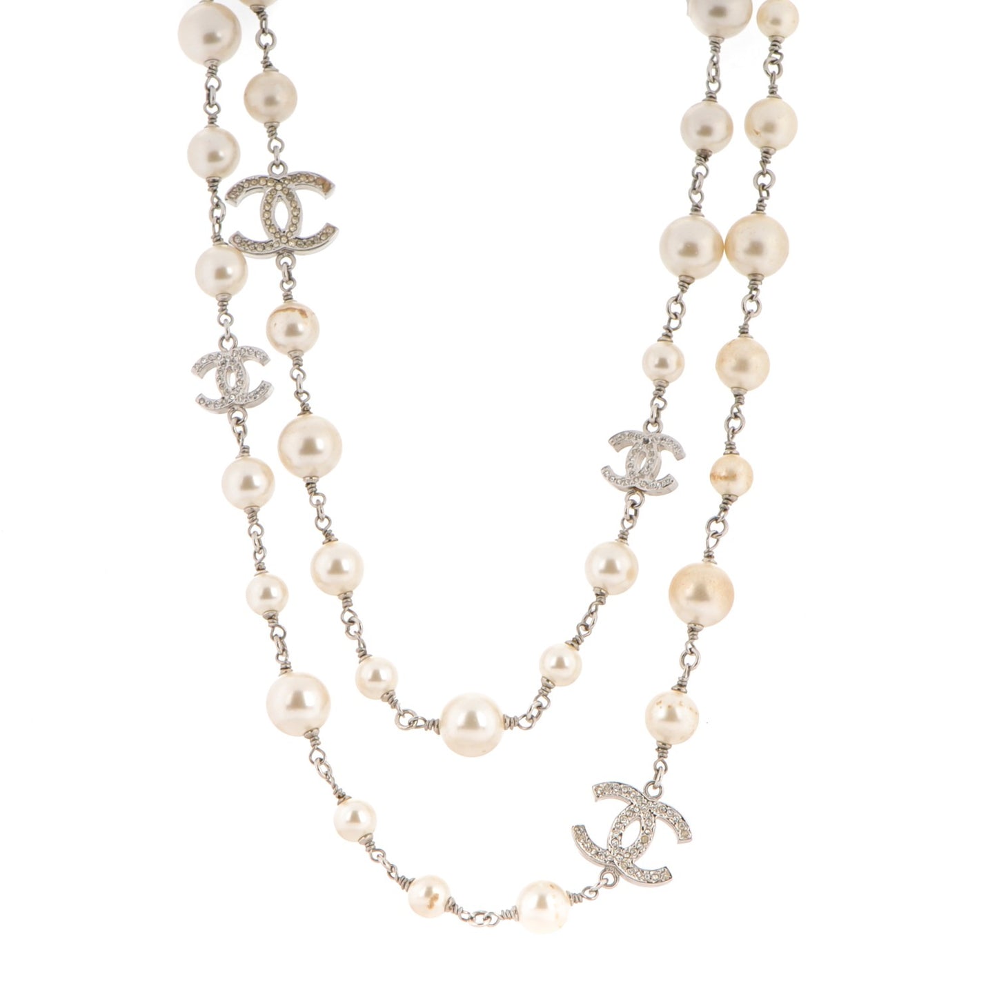 Crystal Pearl CC Long Necklace Silver