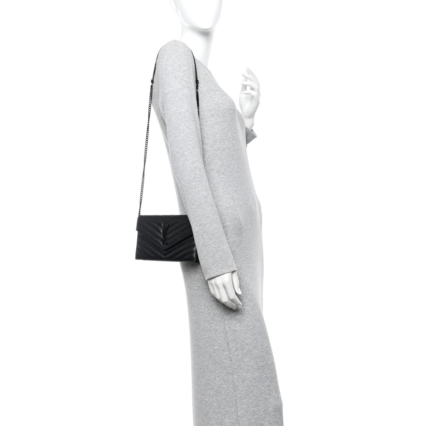 Grain De Poudre Matelasse Chevron Monogram Monochrome Envelope Chain Wallet Black