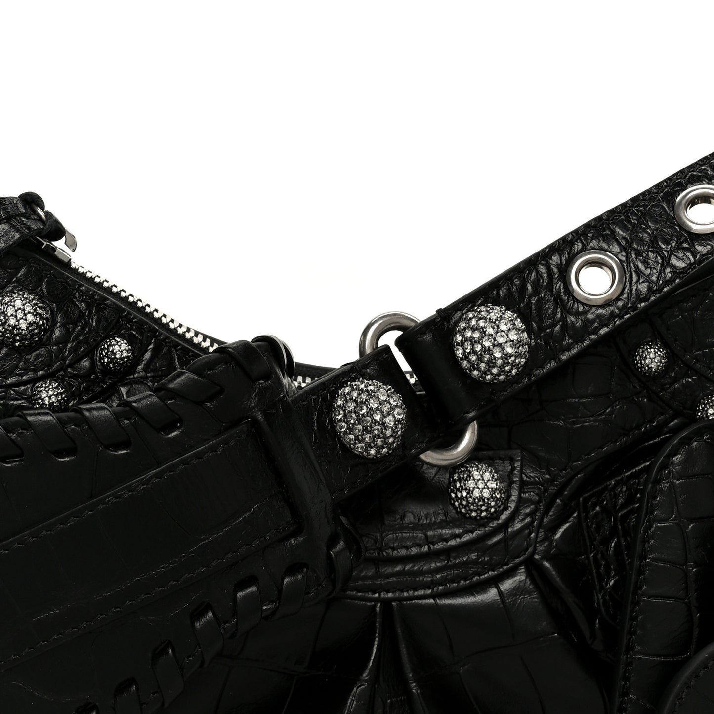 Extra Supple Calfskin Crystal Crocodile Embossed Le Cagole Shoulder Bag XS Black