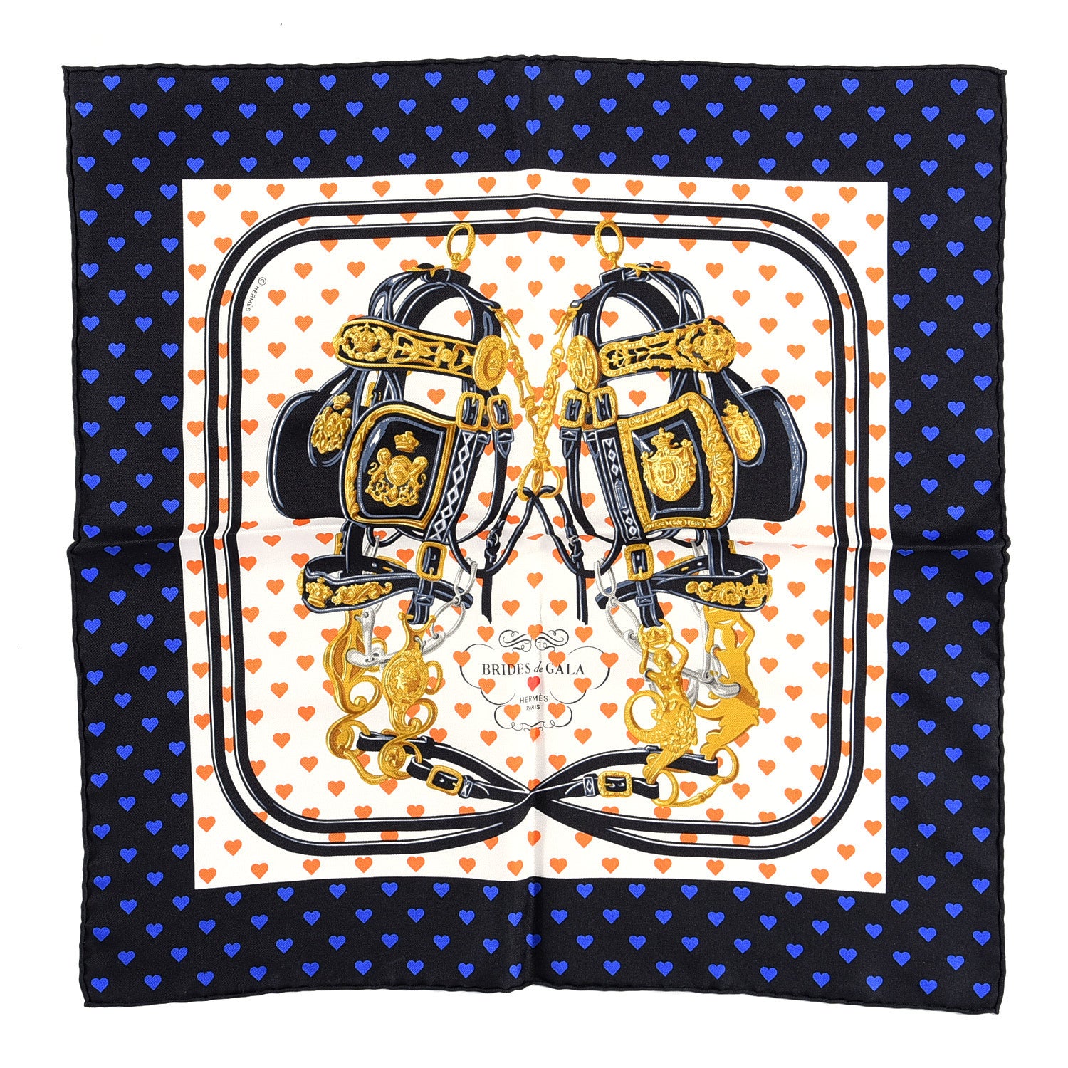 Hermes Silk Brides De Gala Love Pocket Square Black White Orange 1 of 3