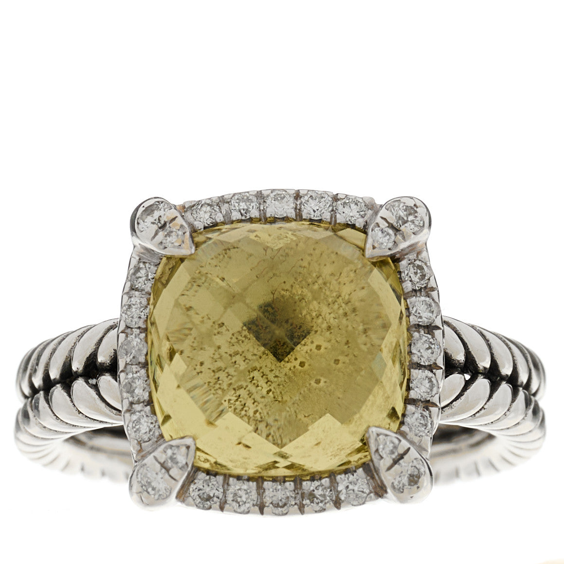 Sterling Silver Diamond Lemon Citrine 9mm Chatelaine Pave Bezel Ring 46 3.75