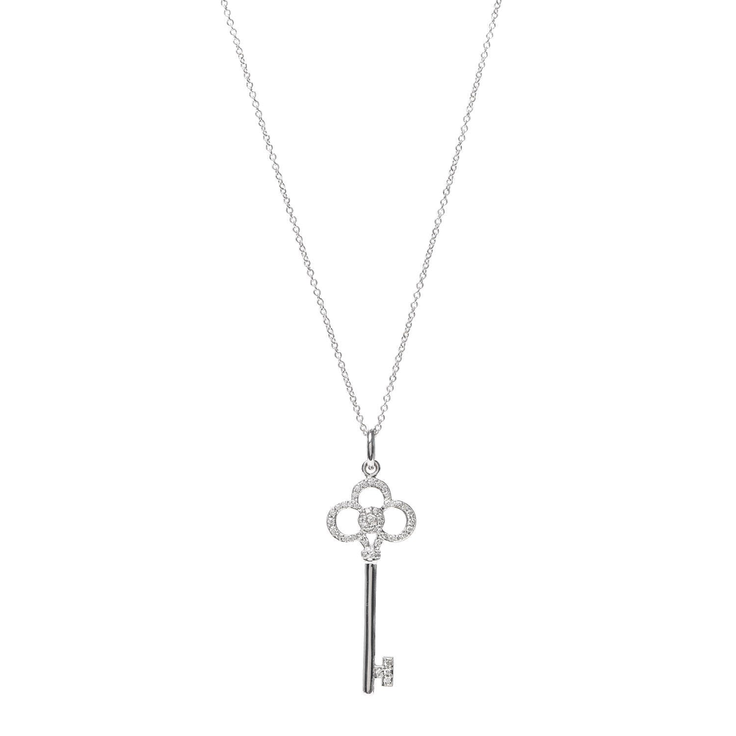 Tiffany 18K White Gold Diamond Crown Key Pendant Necklace 1 of 5