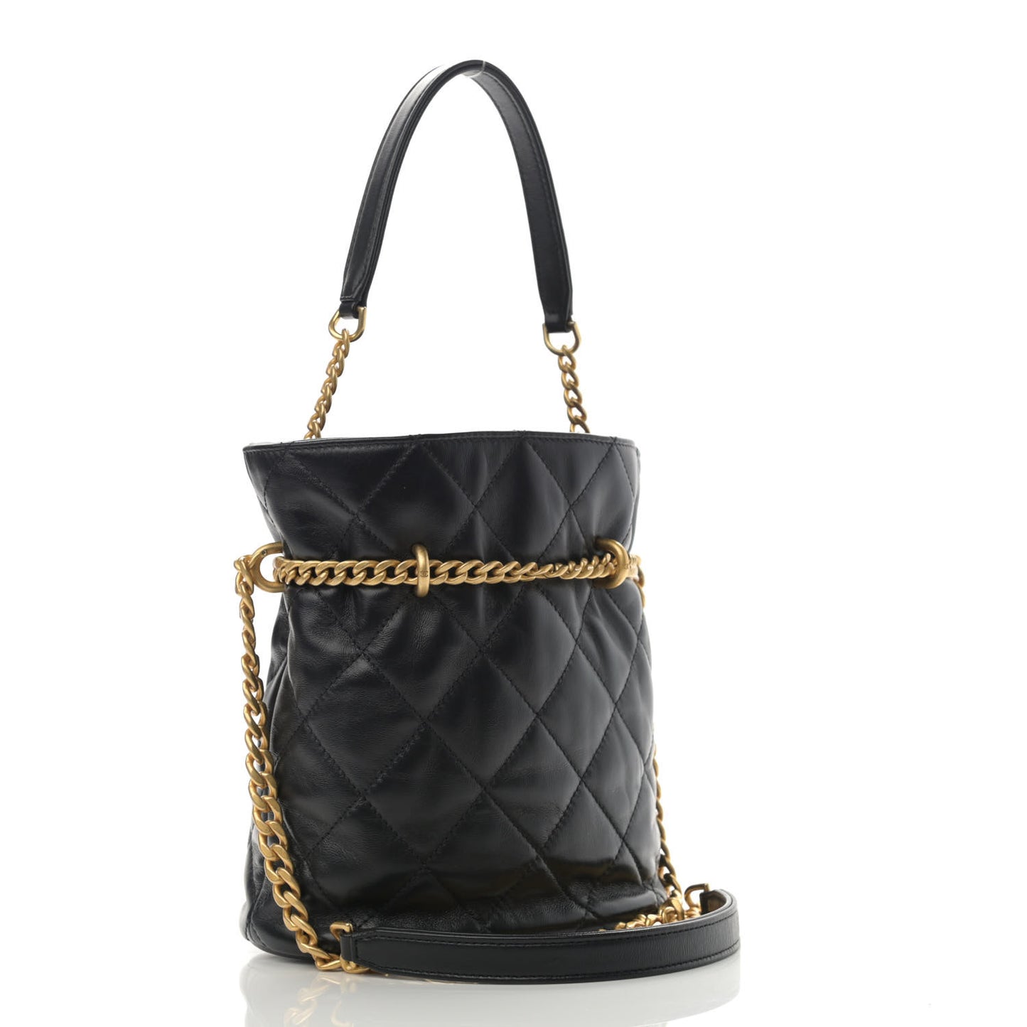 Lambskin Enamel Quilted Pending CC Bucket Drawstring Bag Black