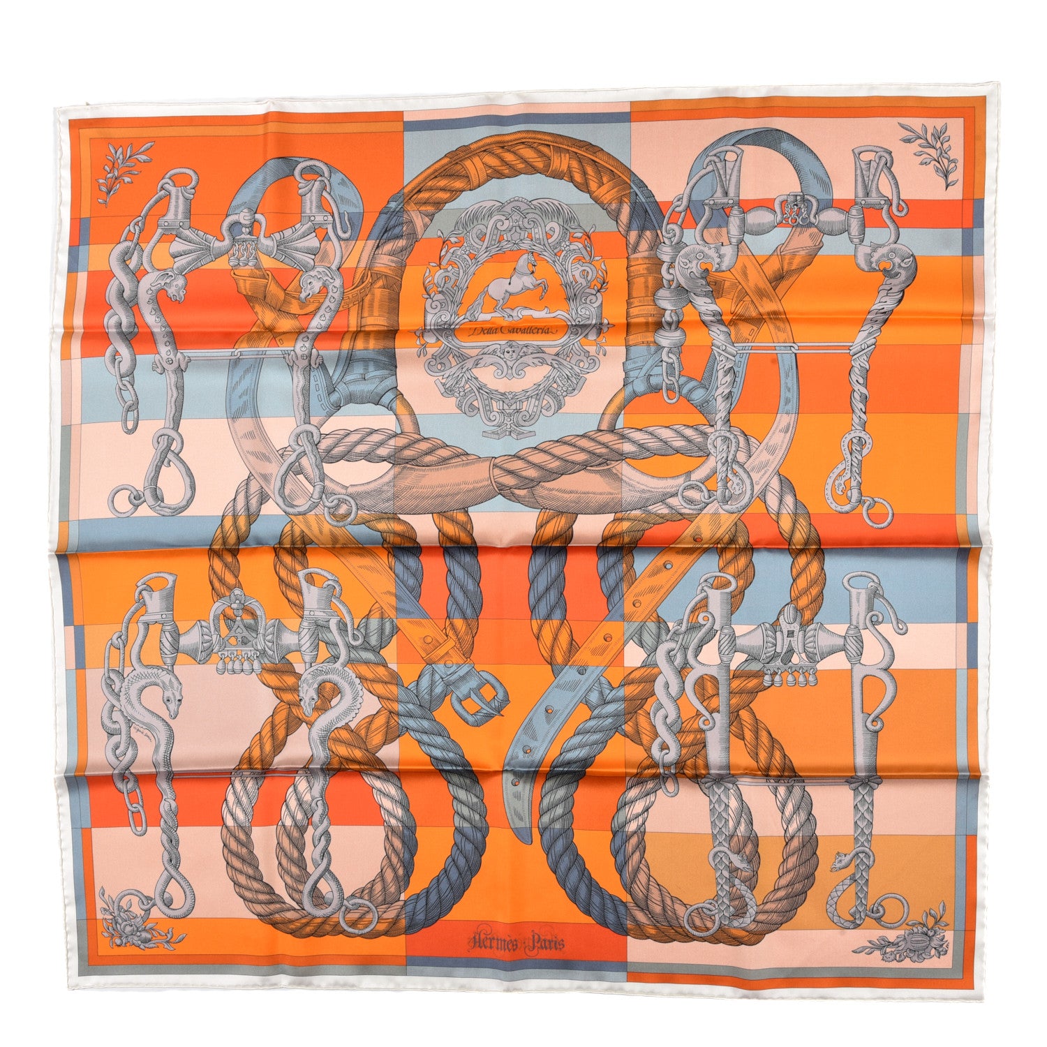 Hermes Silk Double Face Della Cavalleria Fine Scarf 90 Orange Bleu Jean 1 of 5
