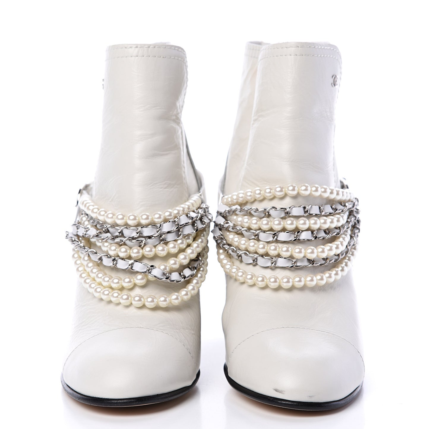 Crackled Calfskin Pearl Chain CC Short Boots 42 White