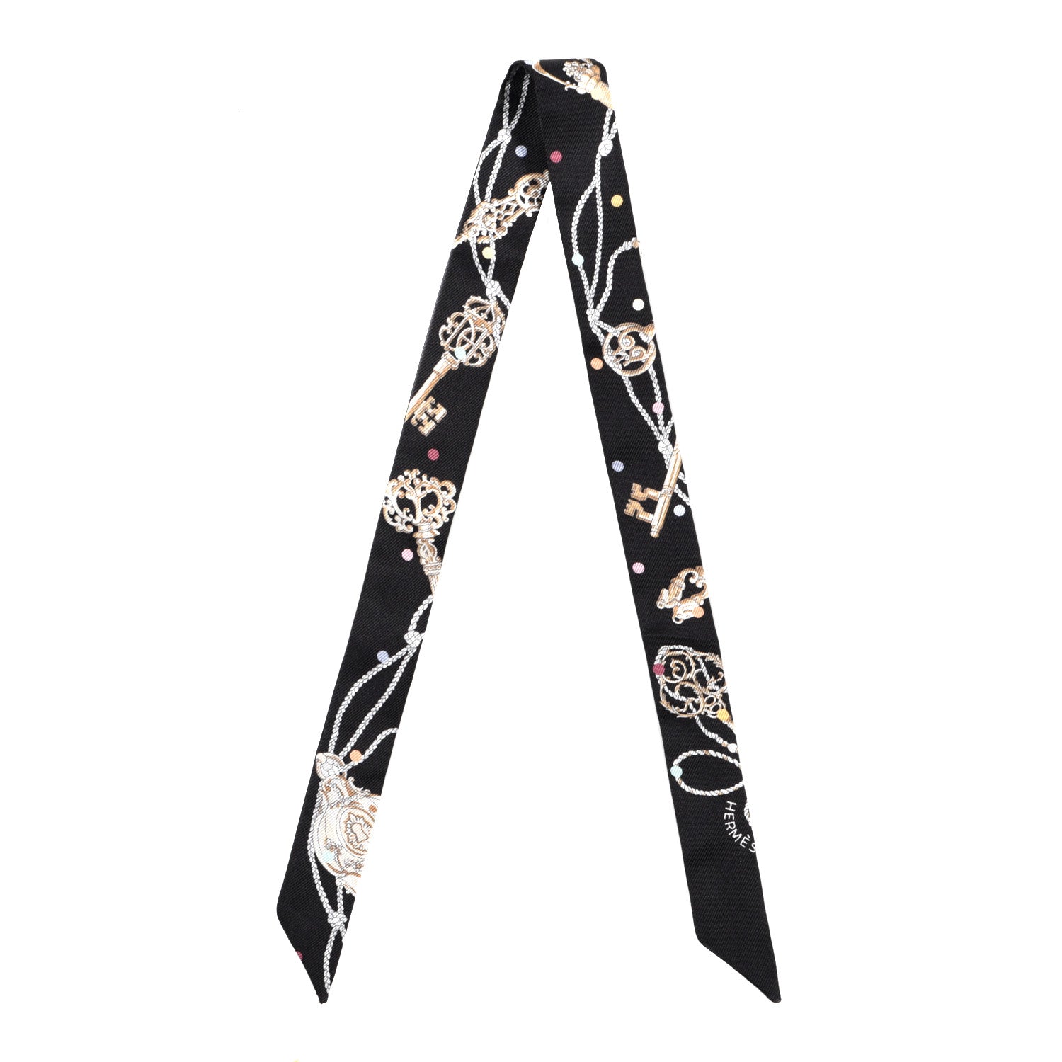 Hermes Silk Les Cles A Pois Doll Twilly Black Beige Rose 2 of 3