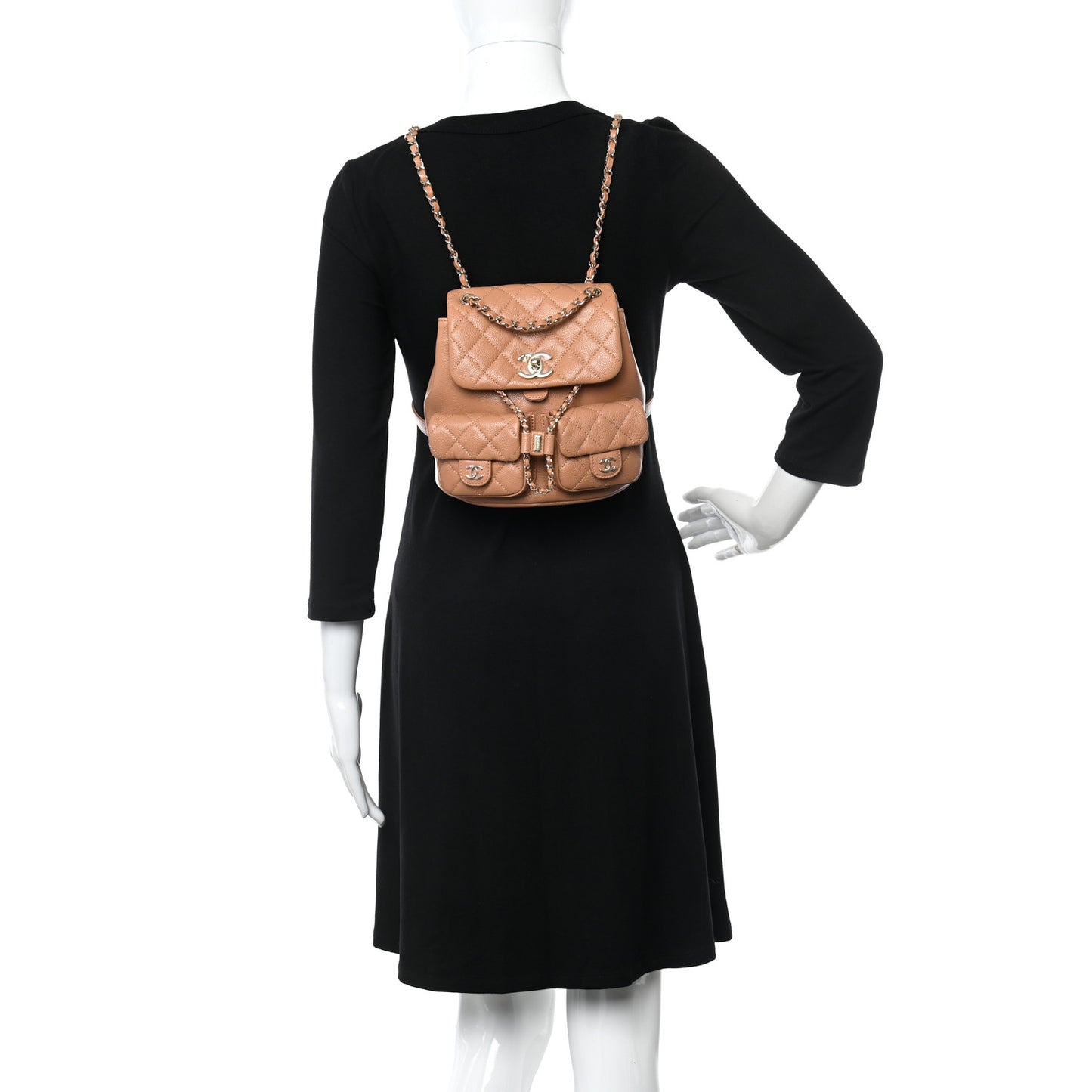 Shiny Caviar Quilted Medium Duma Pockets Drawstring Backpack Dark Beige