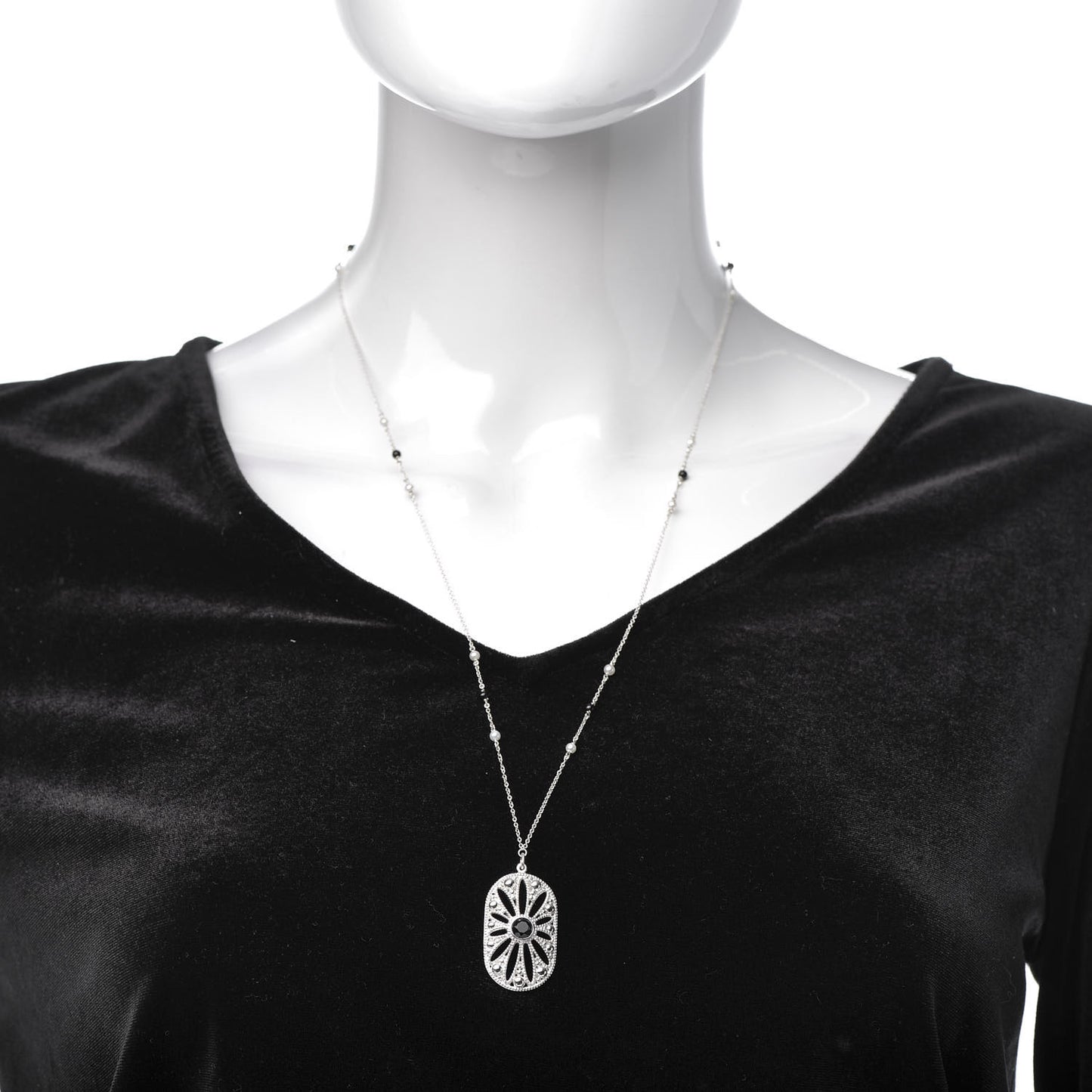 Sterling Silver Black Onyx Pearl Ziegfeld Daisy Pendant Necklace