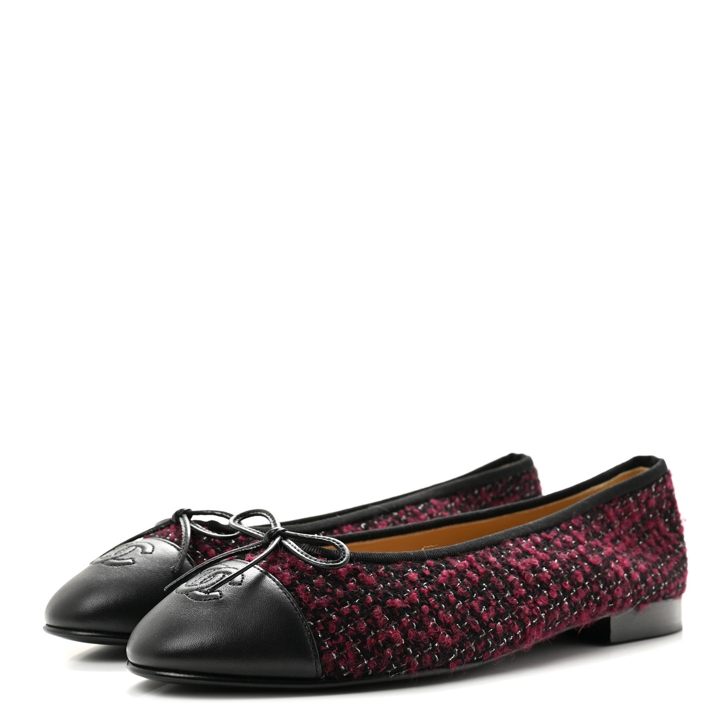 Wool Cotton Tweed Lambskin Cap Toe Ballerina Flats 39.5 Dark Pink Black Silver