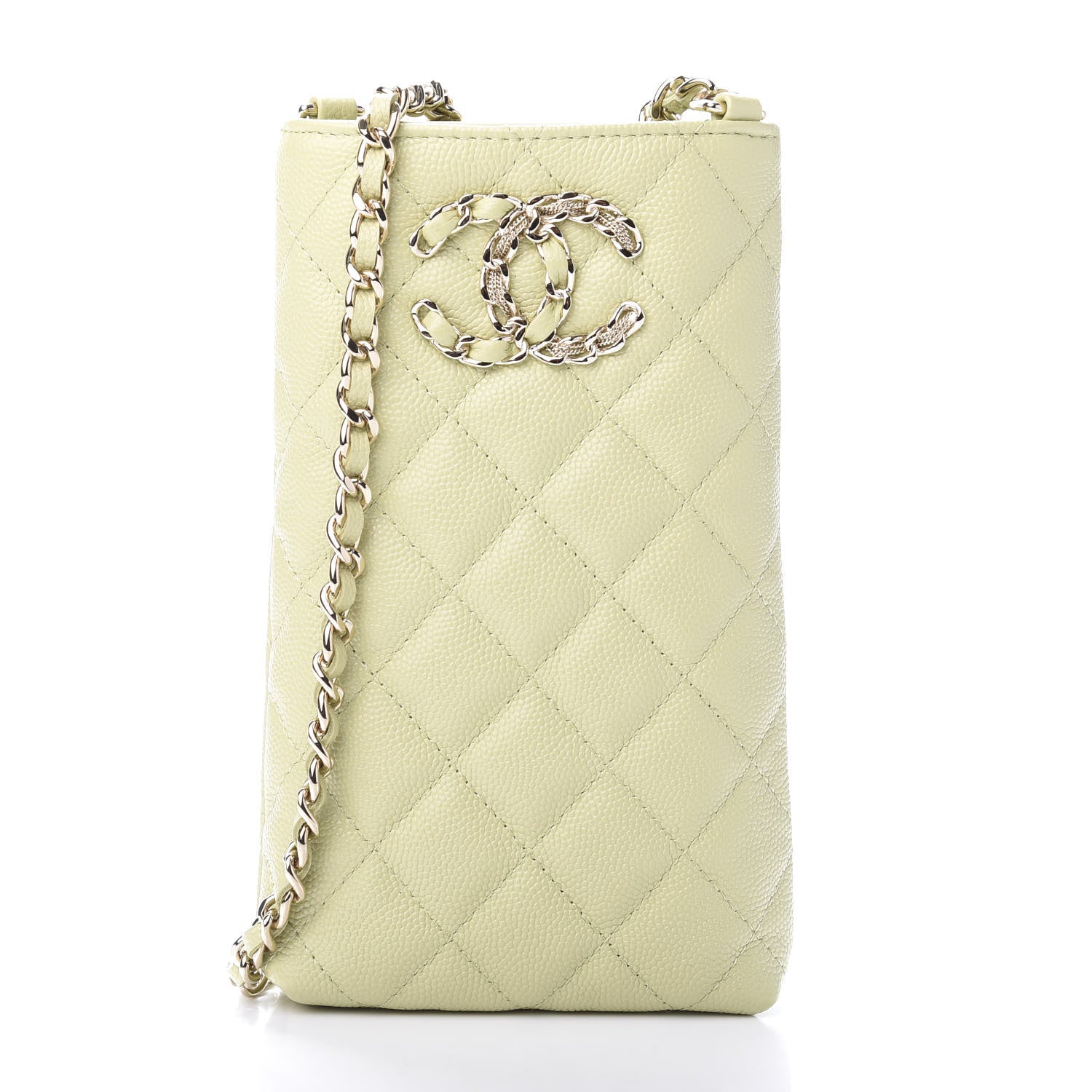 Chanel Caviar Quilted French New Wave Phone Holder With Chain Light Green 1 of 12