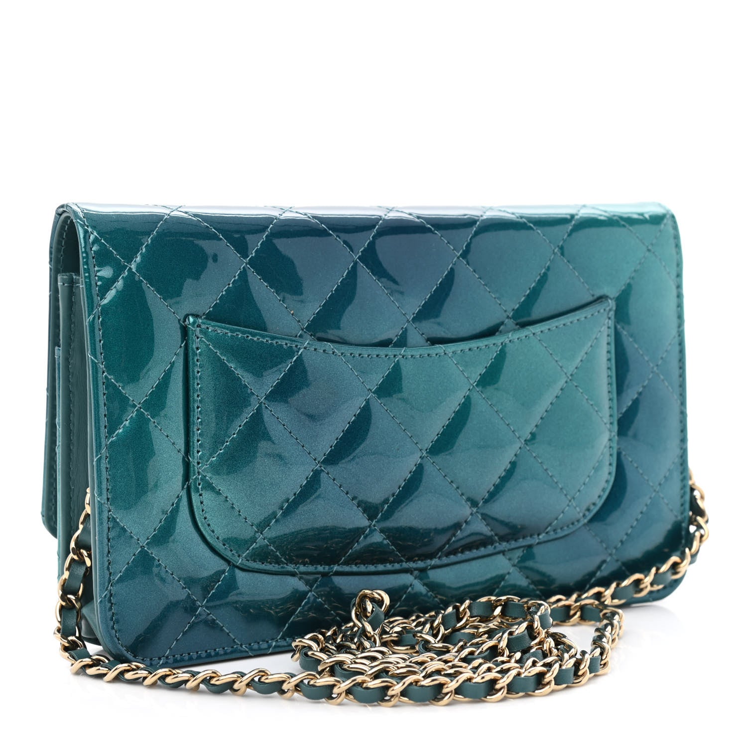 Chanel Shaded Patent Calfskin Quilted Wallet On Chain WOC Green Blue 3 of 12