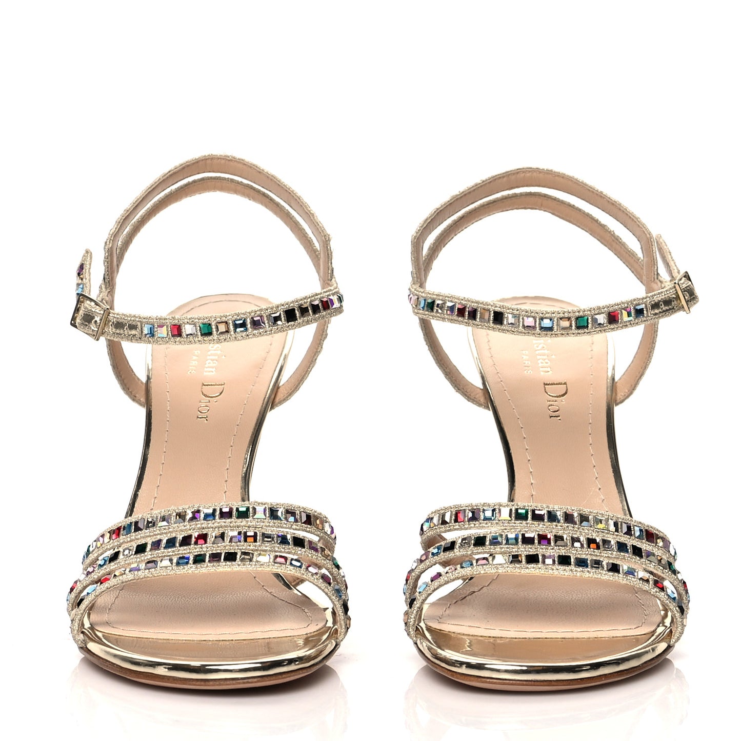 Metallic Calfskin Crystal Strap Sandal Pumps 37.5 Gold