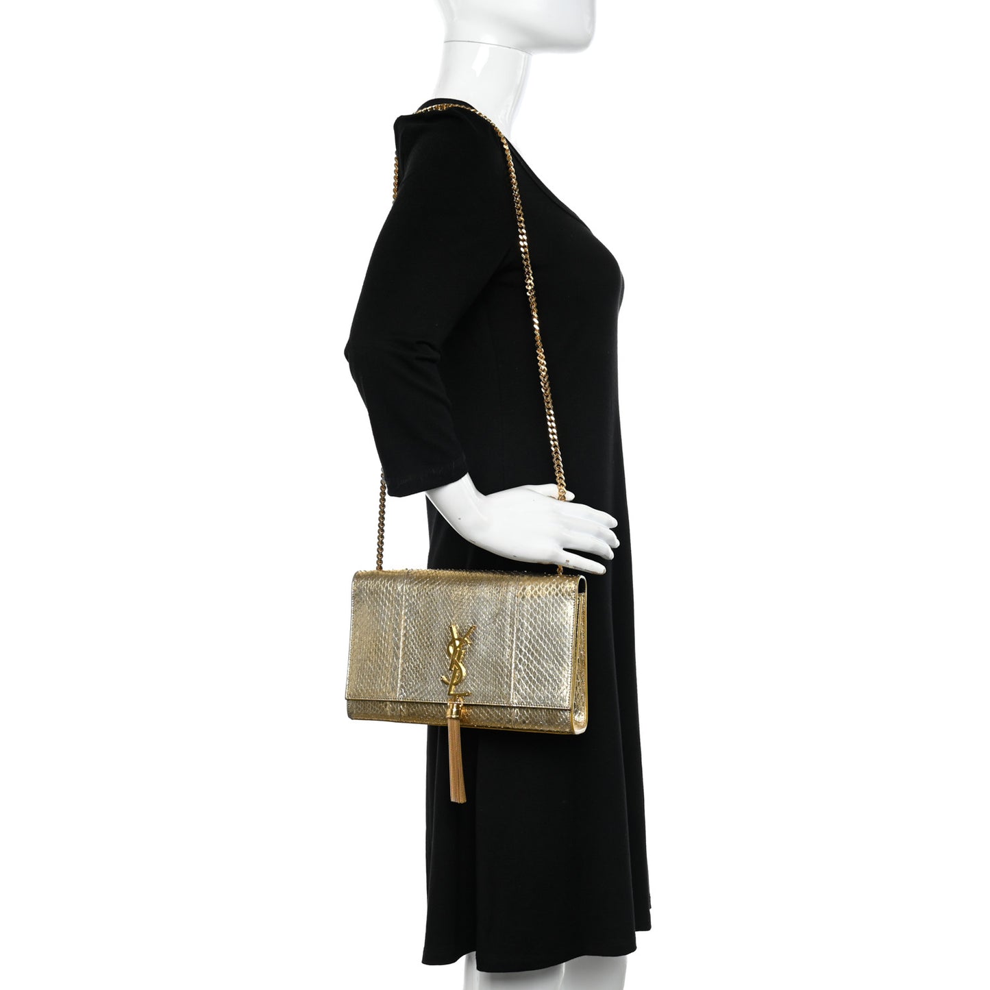 Metallic Snakeskin Medium Classic Monogram Kate Tassel Satchel Oro