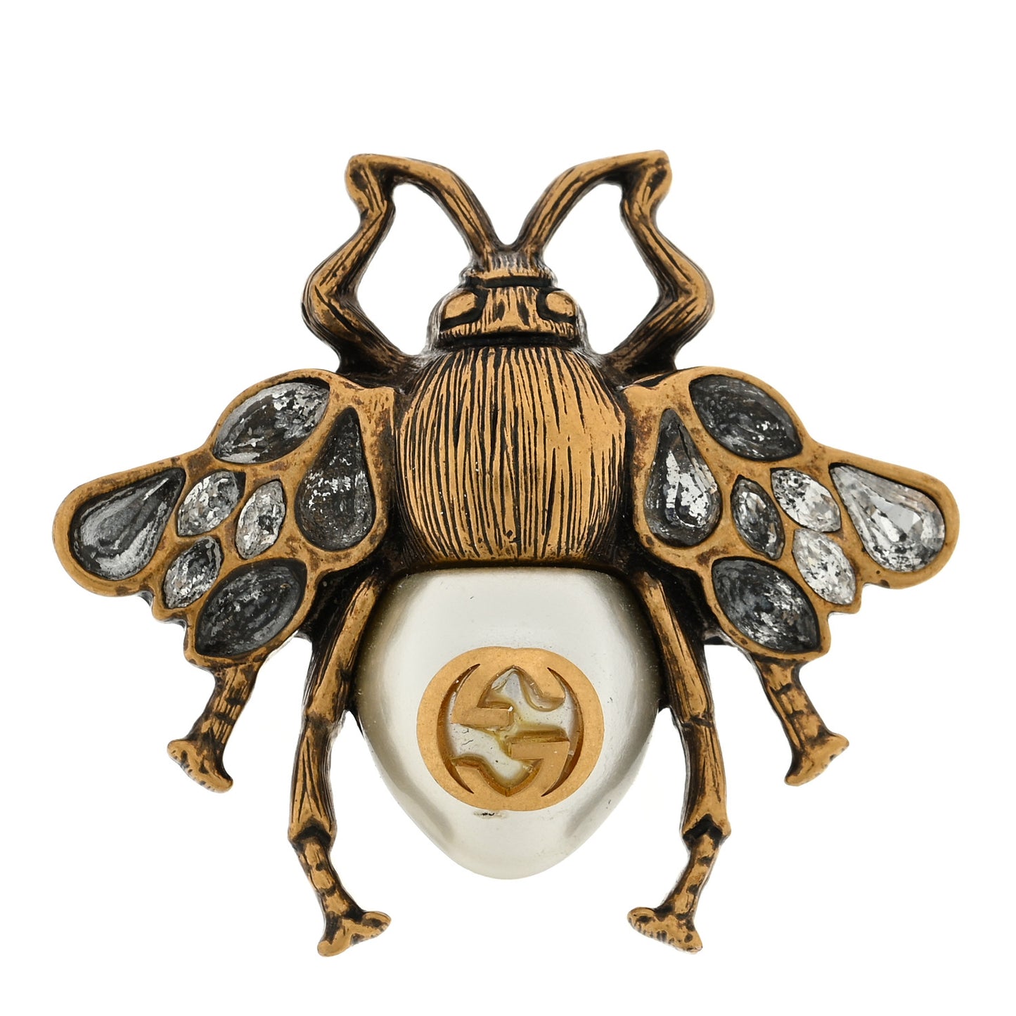 Metal Crystal Pearl Bee Multifinger Ring M Aged Gold