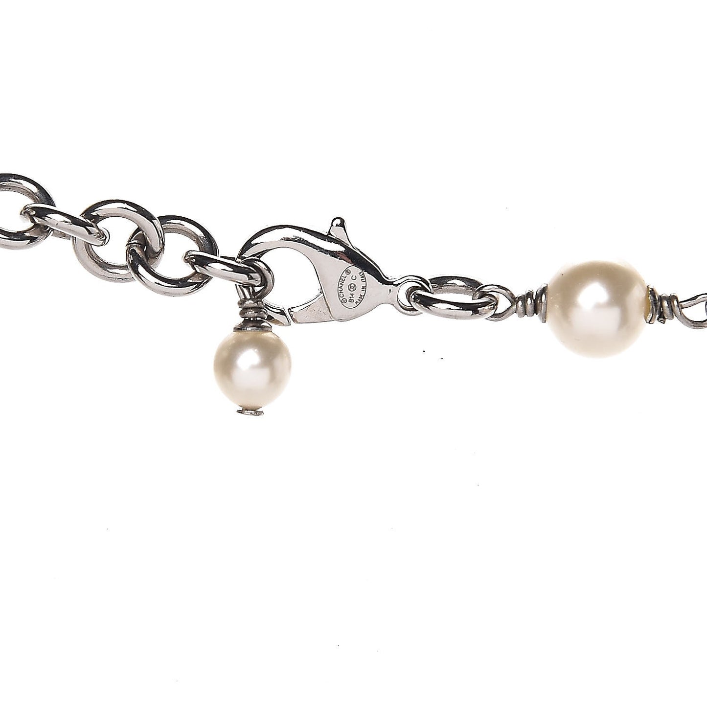 Graduated Pearl Crystal CC Long Necklace Silver
