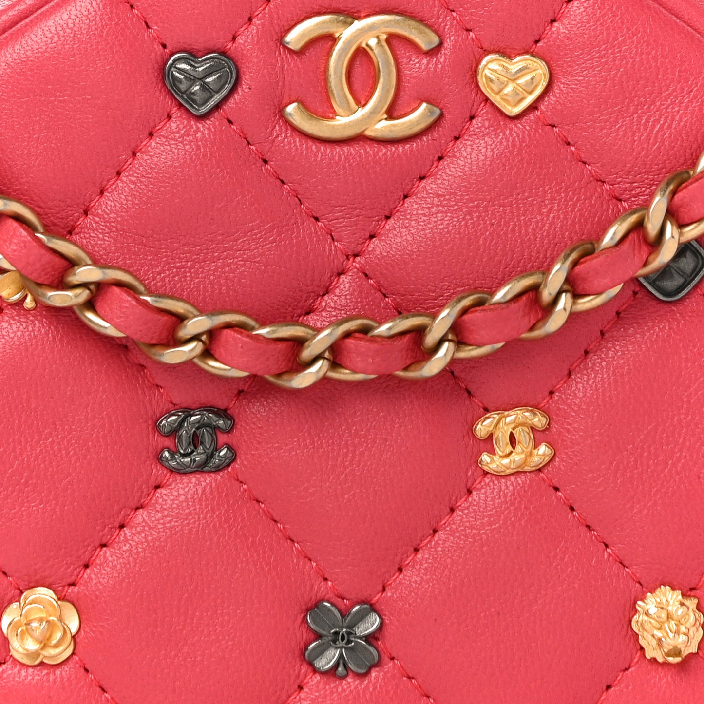 Lambskin Quilted Studded Round Clutch With Chain Dark Pink