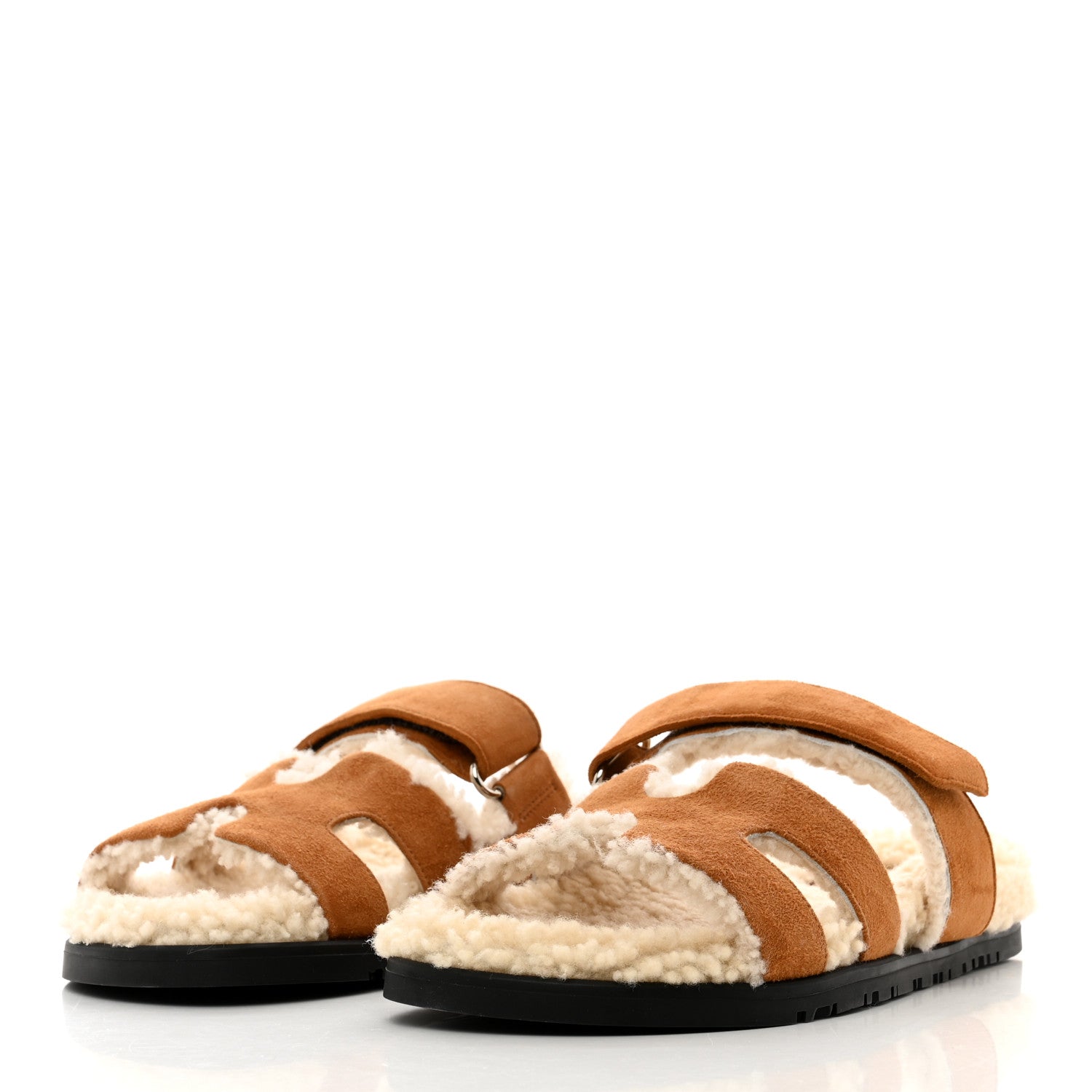 Hermes Suede Goatskin Woolskin Womens Chypre Sandals 37.5 Brun Fume Ecru 3 of 8
