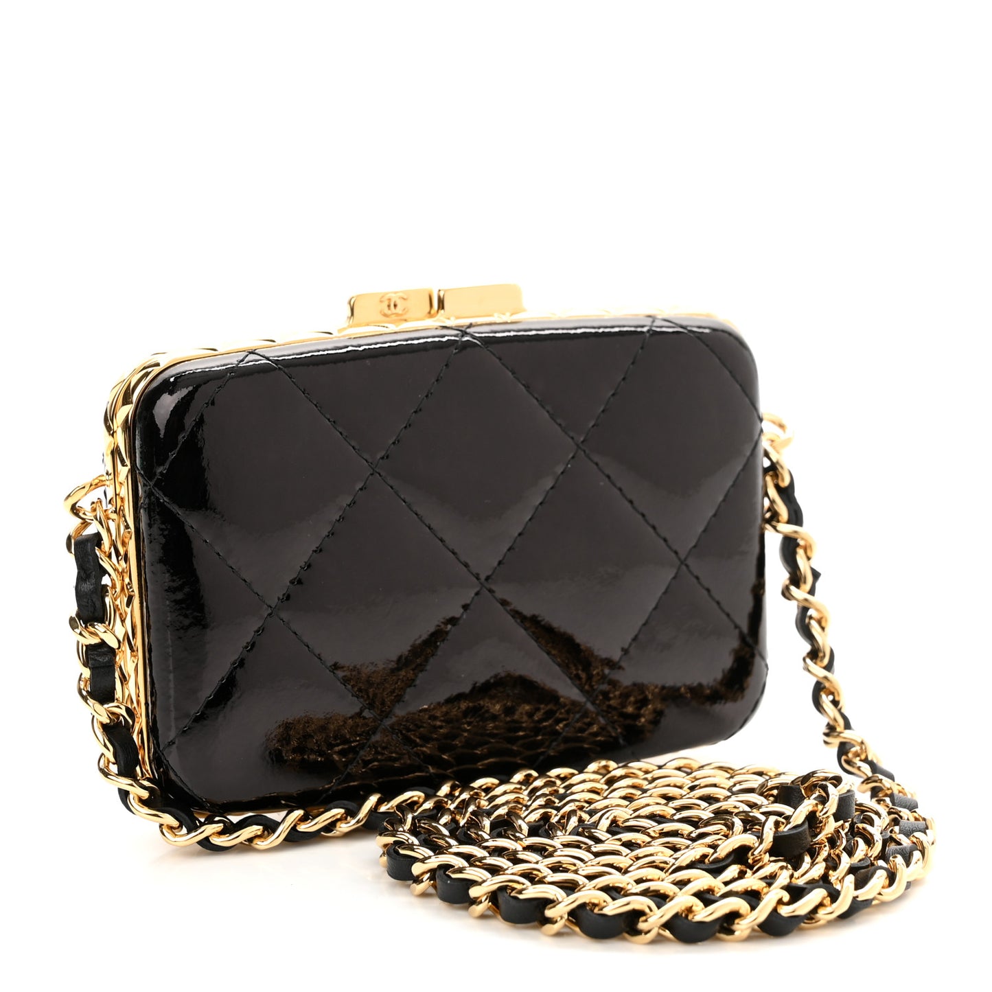 Glazed Goatskin Quilted Small Box With Chain Black
