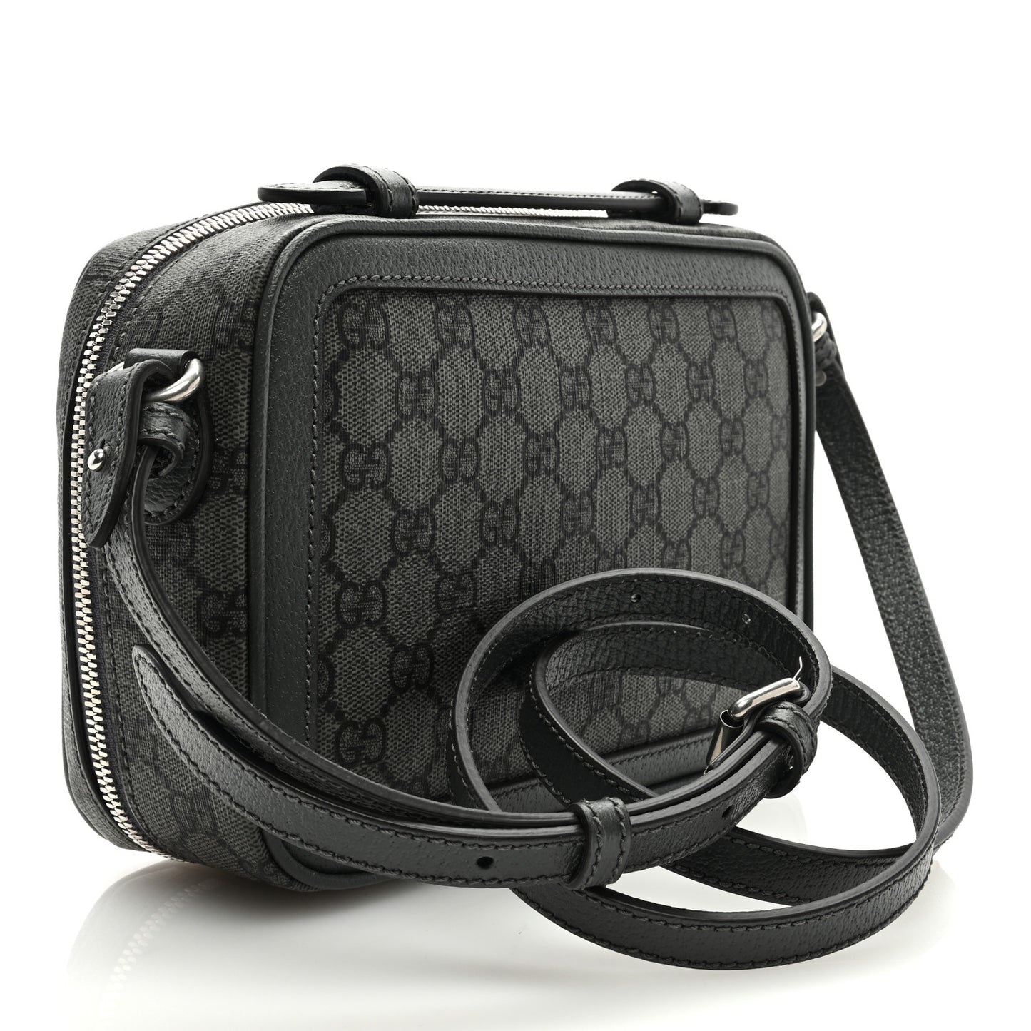 GG Supreme Monogram Textured Dollar Calfskin Small Ophidia Top Handle Shoulder Grey Black Graphite Grey