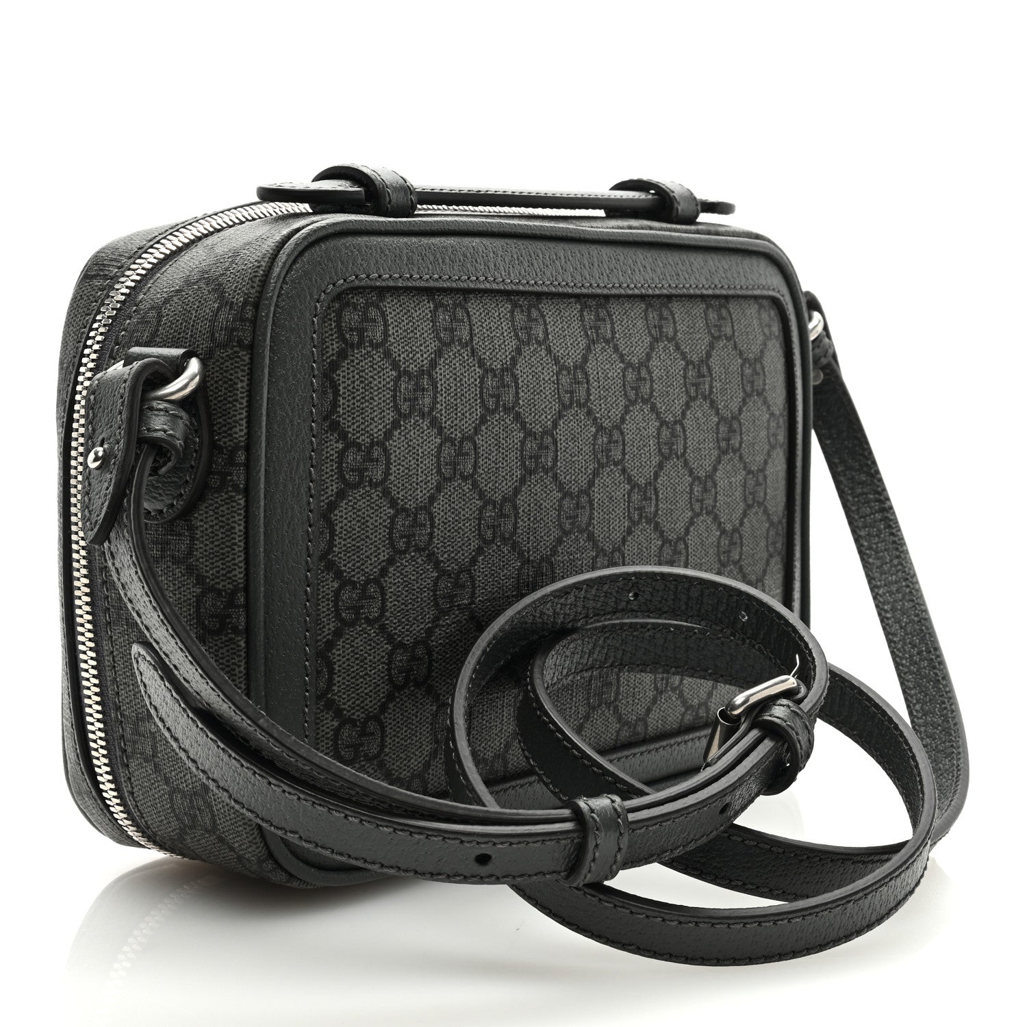 Gucci GG Supreme Monogram Textured Dollar Calfskin Small Ophidia Top Handle Shoulder Grey Black Graphite Grey 2 of 8