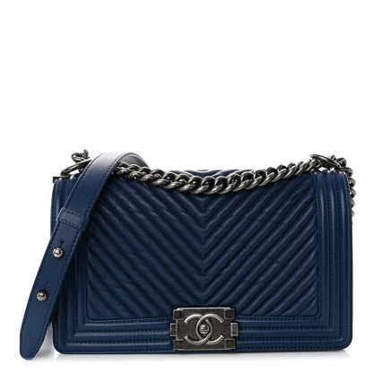Chanel Wrinkled Lambskin Chevron Quilted Medium Boy Flap Navy 1 of 11