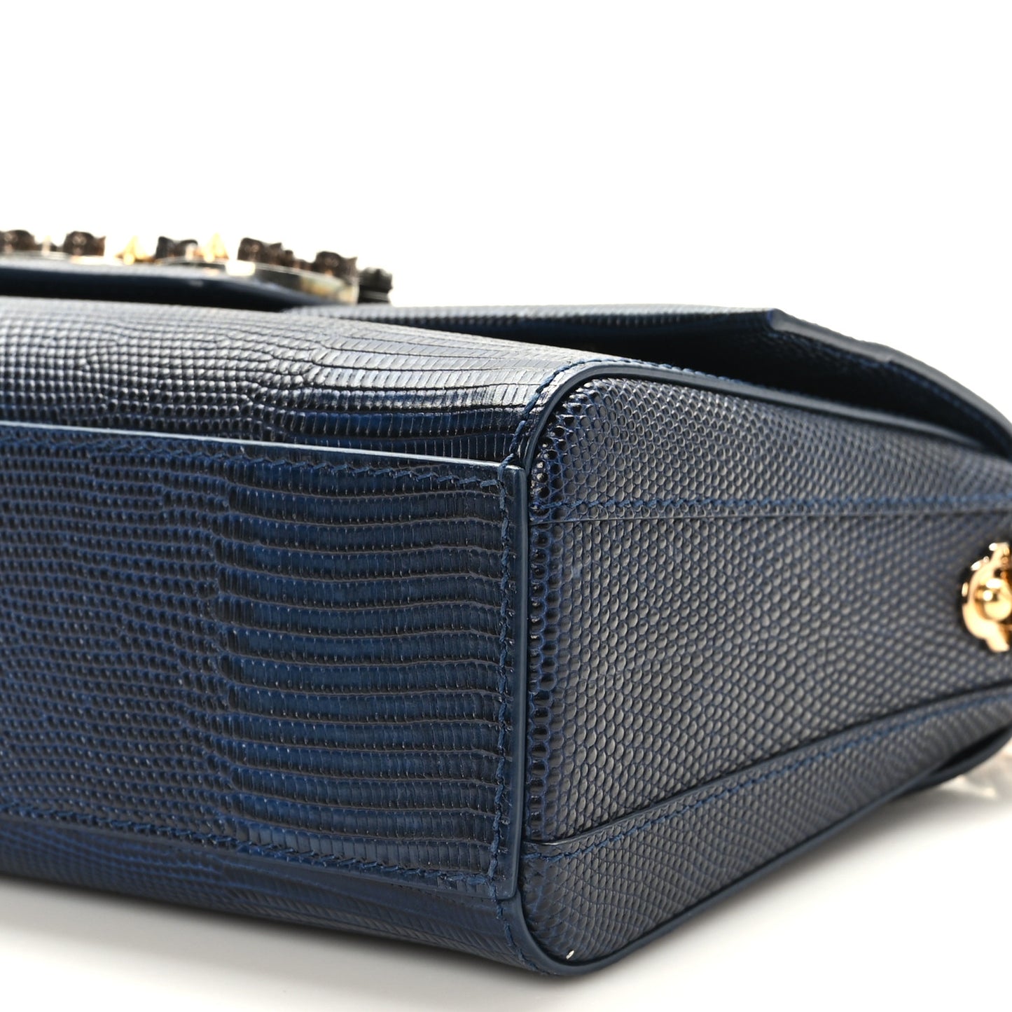 Stampa Iguana Calfskin Crystal Millennials Chain Shoulder Bag Blue