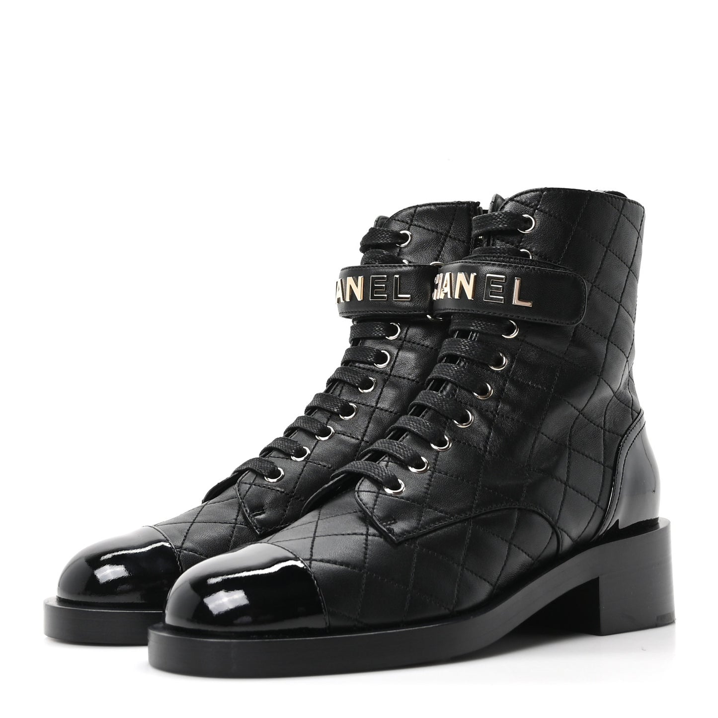 Lambskin Patent Calfskin Quilted Logo Lace Up Combat Boots 39.5 Black