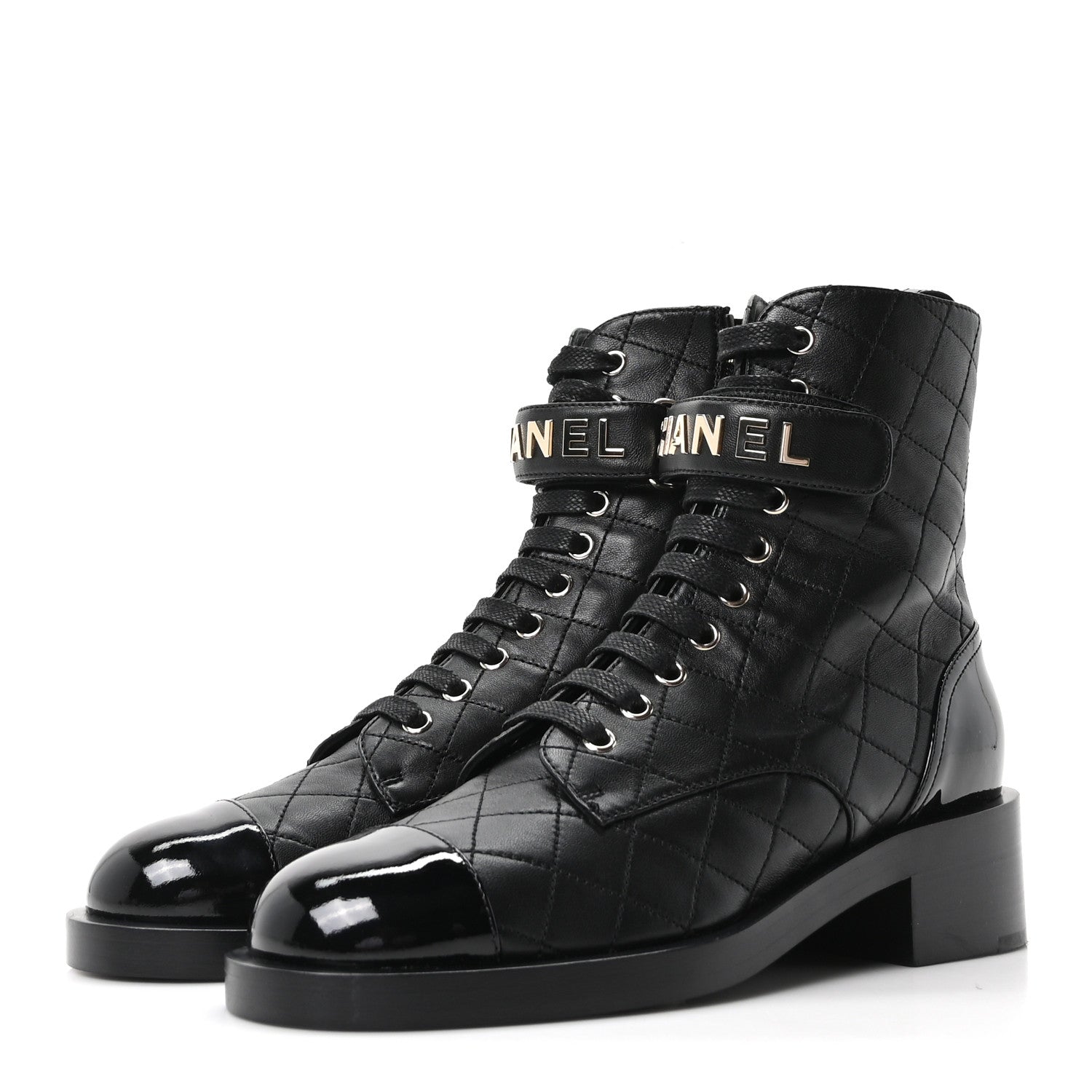 Chanel Lambskin Patent Calfskin Quilted Logo Lace Up Combat Boots 39.5 Black 4 of 10