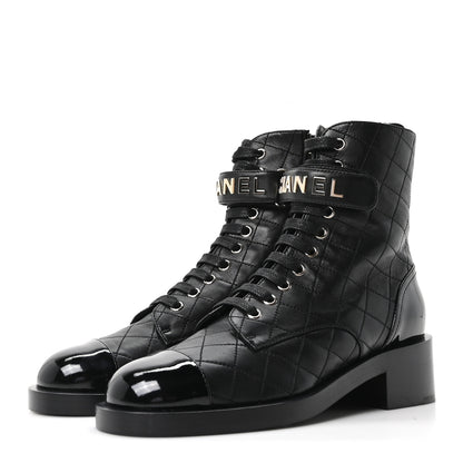 Chanel Lambskin Patent Calfskin Quilted Logo Lace Up Combat Boots 39.5 Black 4 of 10