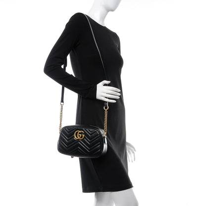 Gucci Calfskin Matelasse Small GG Marmont Chain Shoulder Bag Black 2 of 7