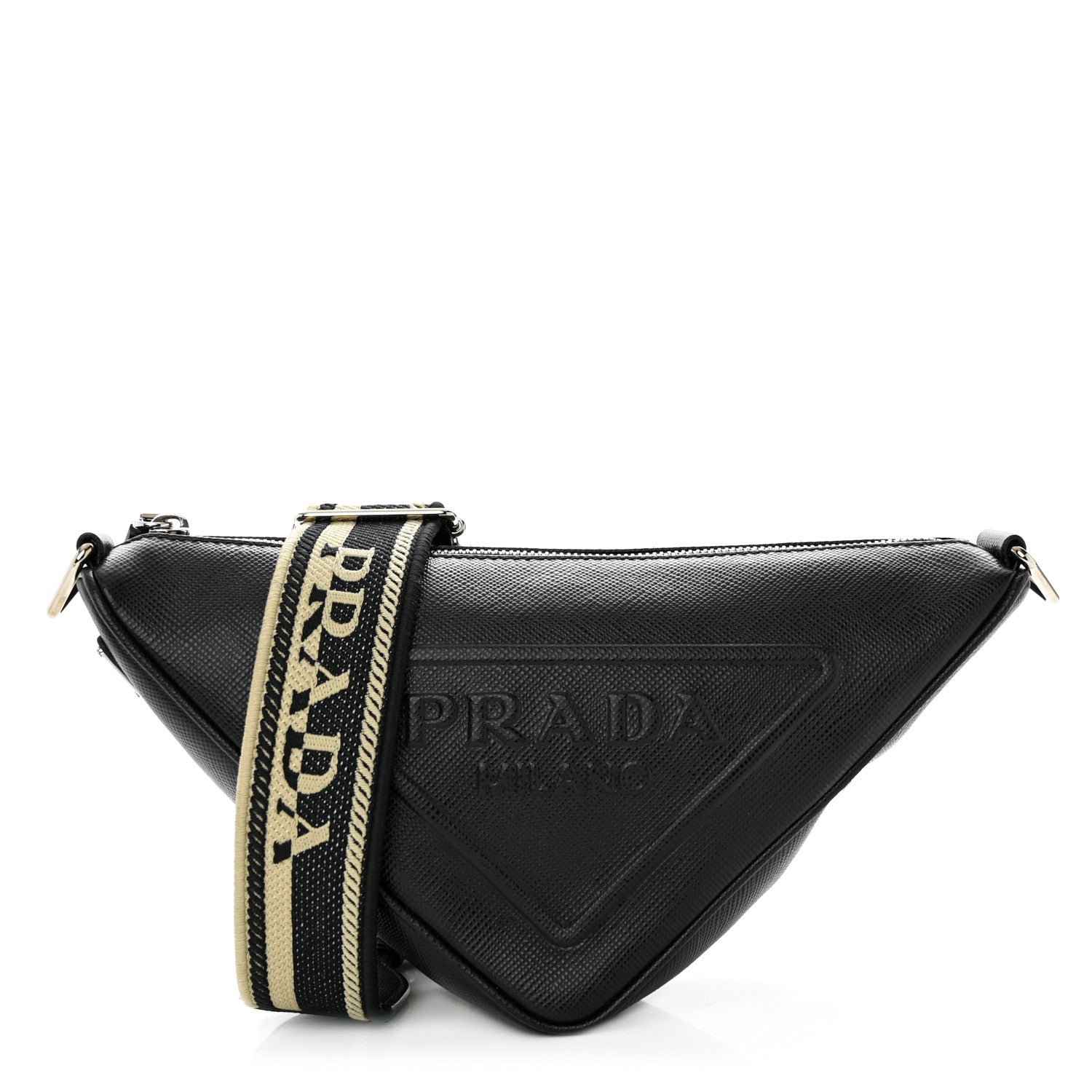 Prada Saffiano Cuir Triangle Logo Embossed Triangle Shoulder Bag Black 1 of 10