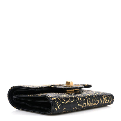 Chanel Calfskin Crocodile Embossed Graffiti Reissue Compact Wallet Black Gold 4 of 8