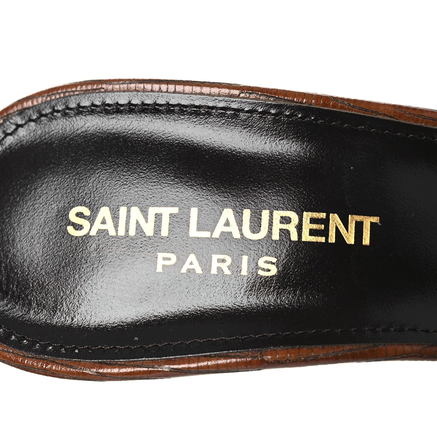 Calfskin Sahara Lizard Embossed Tribute 85 Slide Sandals 37.5 Almond Brown