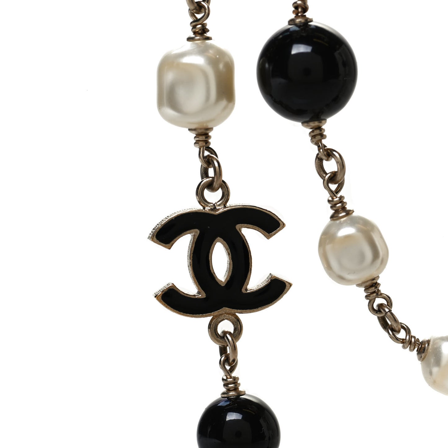 Pearl Bead Enamel CC Long Necklace Black Light Gold
