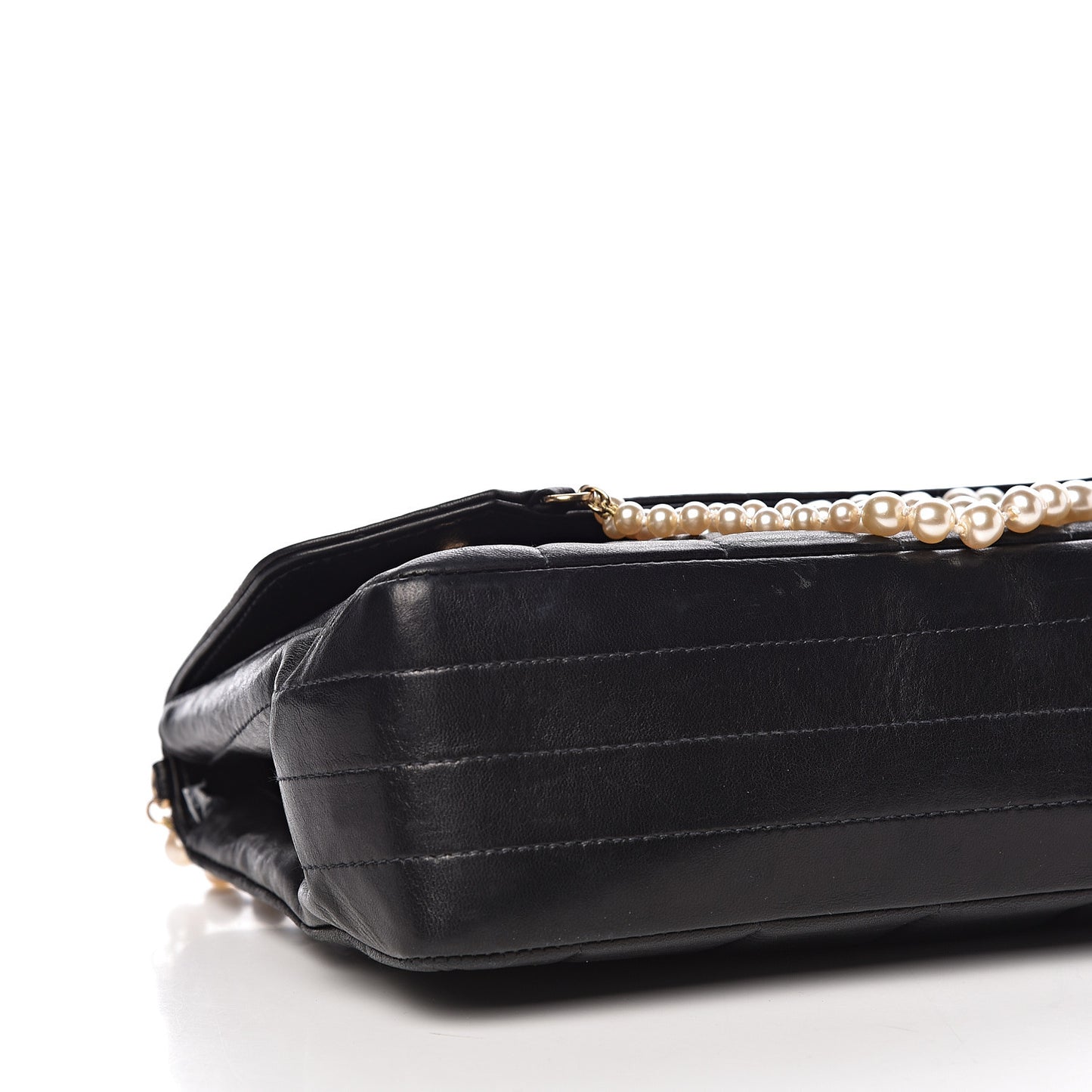 Lambskin Chocolate Bar Pearl Chain Flap Black