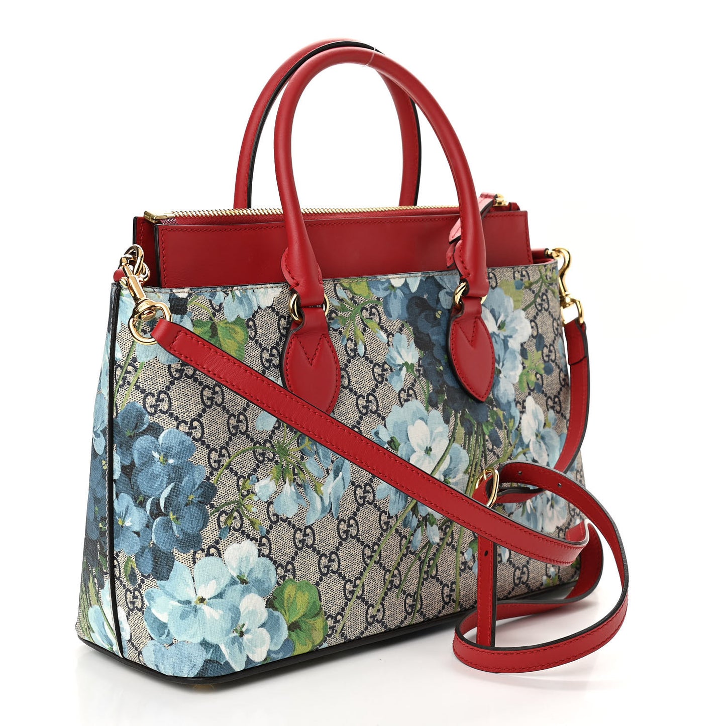 GG Supreme Monogram Blooms Medium Zip Top Tote Beige Blue Navy Hibiscus Red